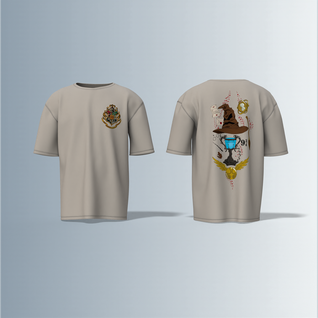 "Oversized Wizarding Streetwear T-Shirt – Minimal Front Crest Featuring Magical School Emblem Inspired by Fantasy Lore"