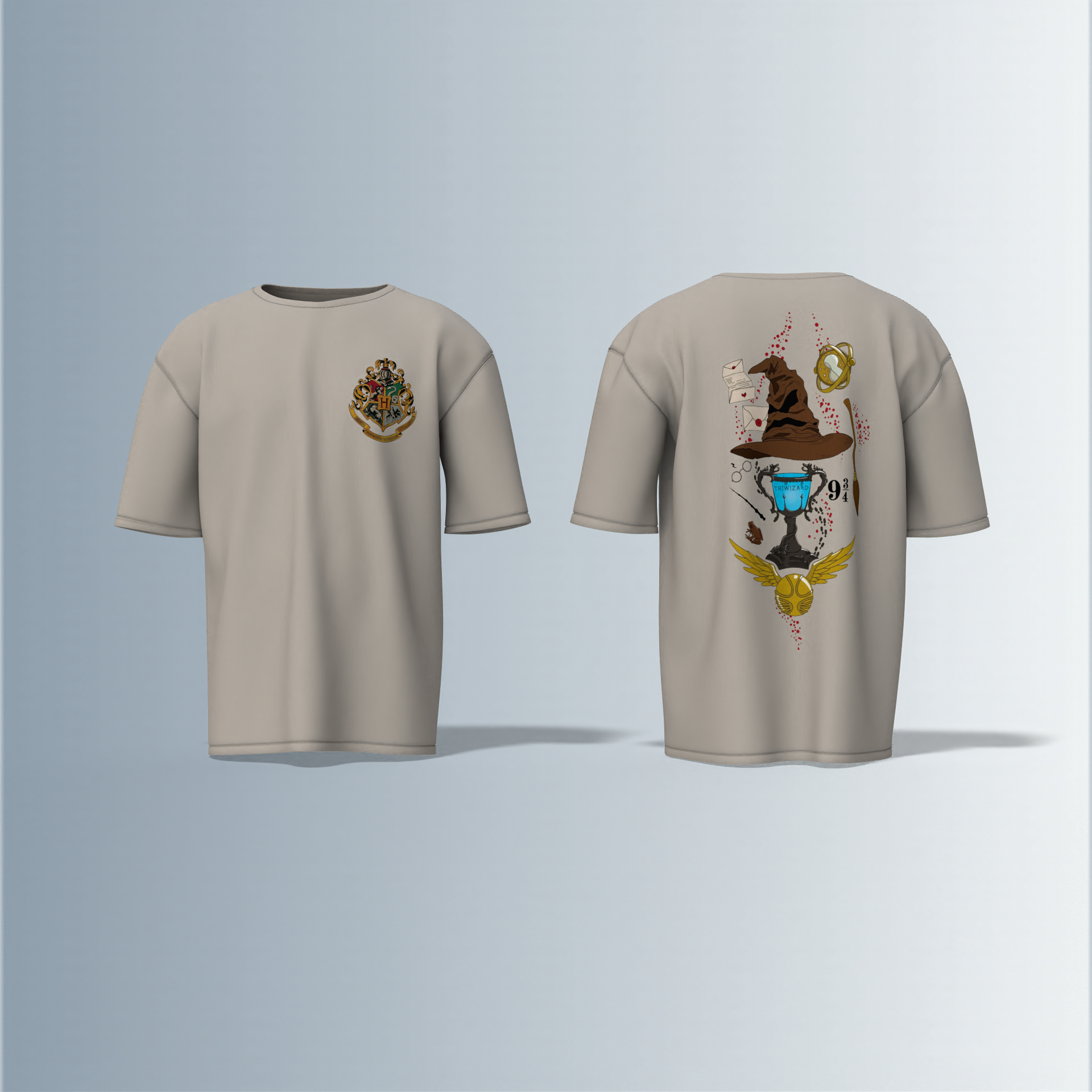 "Oversized Wizarding Streetwear T-Shirt – Minimal Front Crest Featuring Magical School Emblem Inspired by Fantasy Lore"