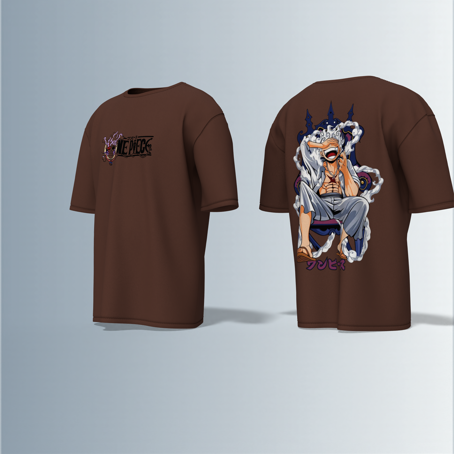 "Oversized Anime Graphic T-Shirt – ‘One Piece’ Throne Scene with Bold Japanese Typography & Iconic Luffy Chest Print"