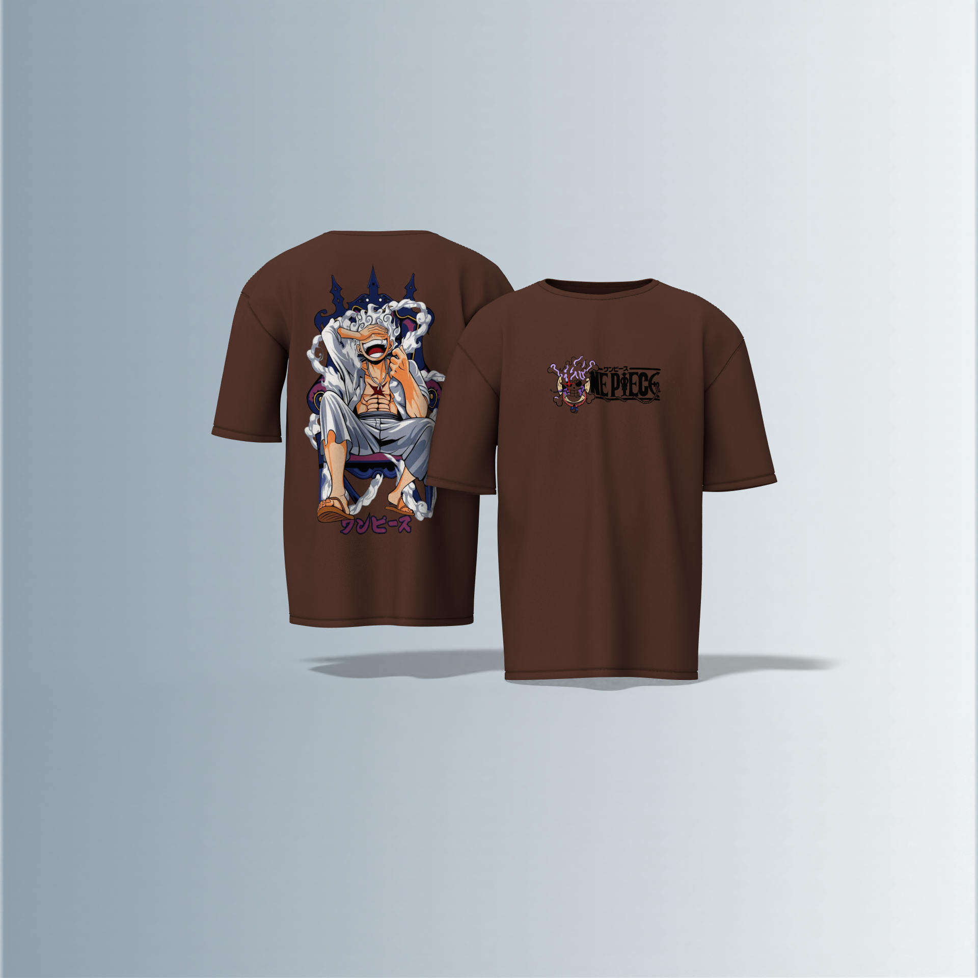 "Oversized Anime Graphic T-Shirt – ‘One Piece’ Throne Scene with Bold Japanese Typography & Iconic Luffy Chest Print"
