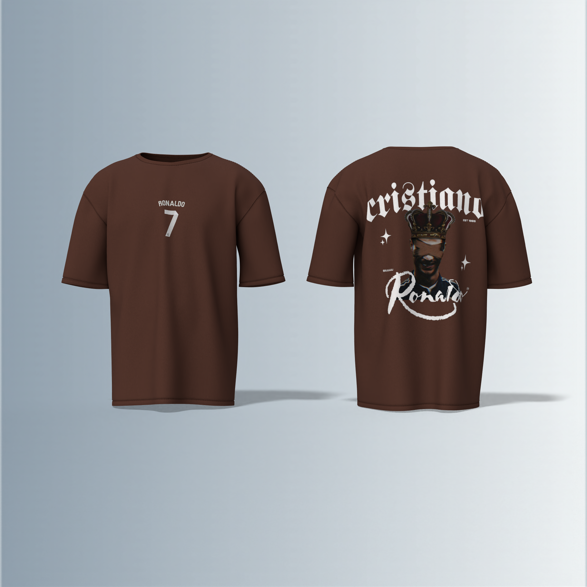 "Oversized Football Streetwear T-Shirt – Bold ‘Cristiano Ronaldo’ Typography with Crowned Portrait & Jersey-Style Number 7 Graphic"