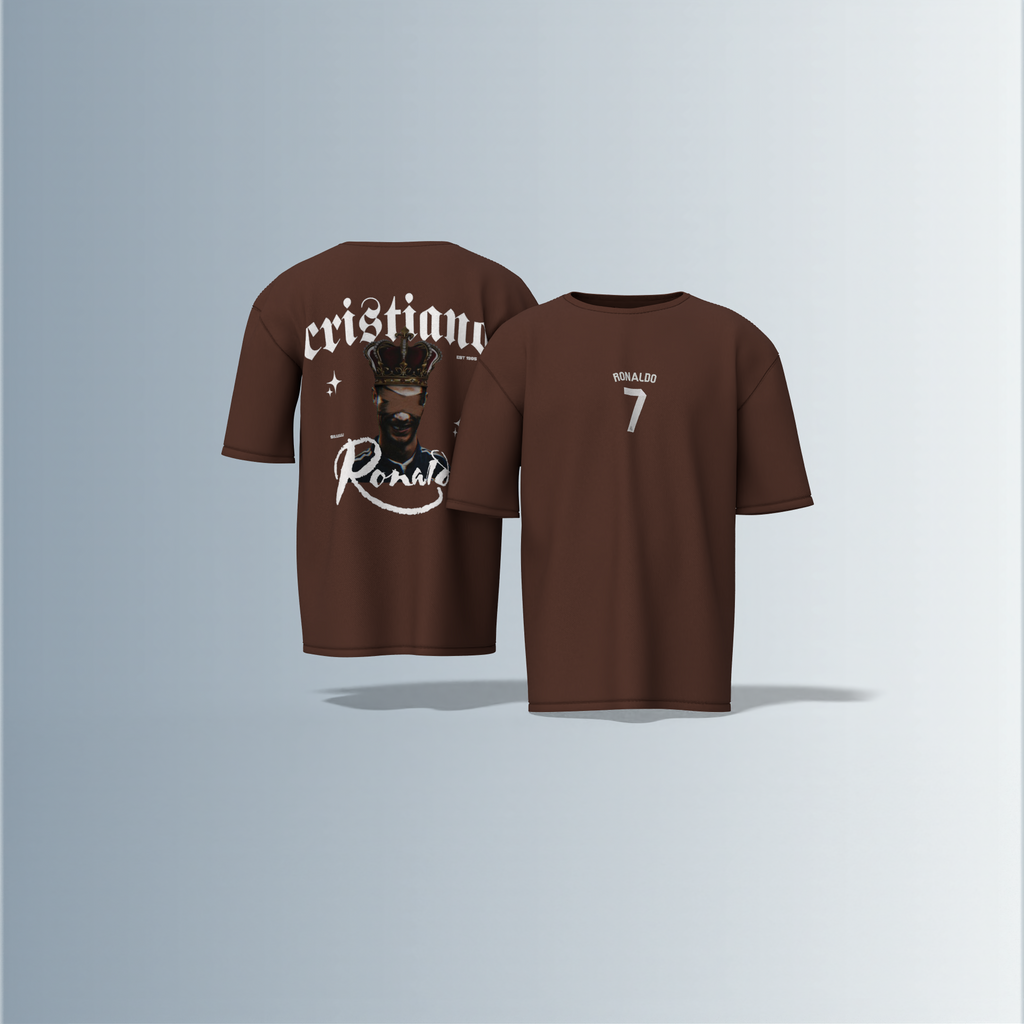 "Oversized Football Streetwear T-Shirt – Bold ‘Cristiano Ronaldo’ Typography with Crowned Portrait & Jersey-Style Number 7 Graphic"