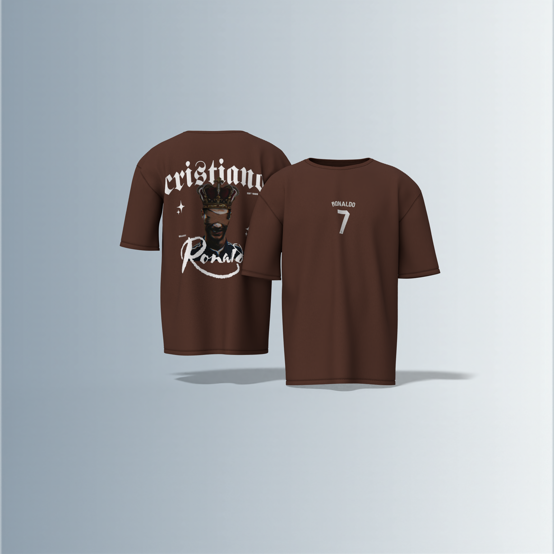 "Oversized Football Streetwear T-Shirt – Bold ‘Cristiano Ronaldo’ Typography with Crowned Portrait & Jersey-Style Number 7 Graphic"