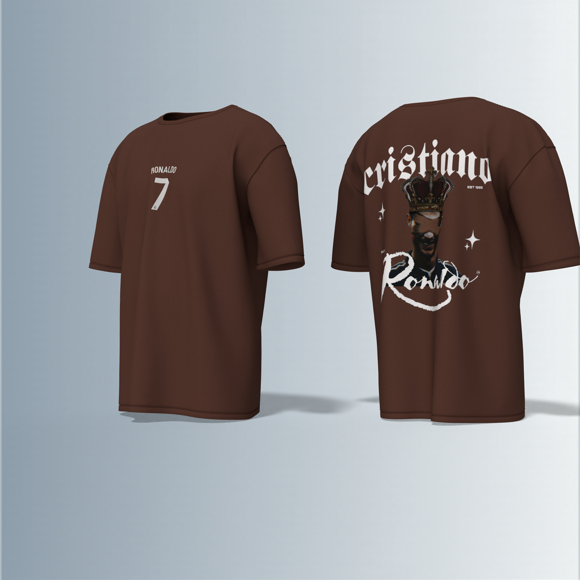 "Oversized Football Streetwear T-Shirt – Bold ‘Cristiano Ronaldo’ Typography with Crowned Portrait & Jersey-Style Number 7 Graphic"