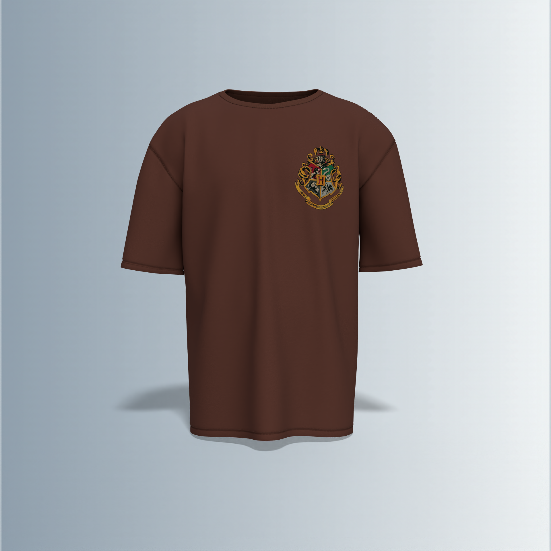 "Oversized Wizarding Streetwear T-Shirt – Minimal Front Crest Featuring Magical School Emblem Inspired by Fantasy Lore"