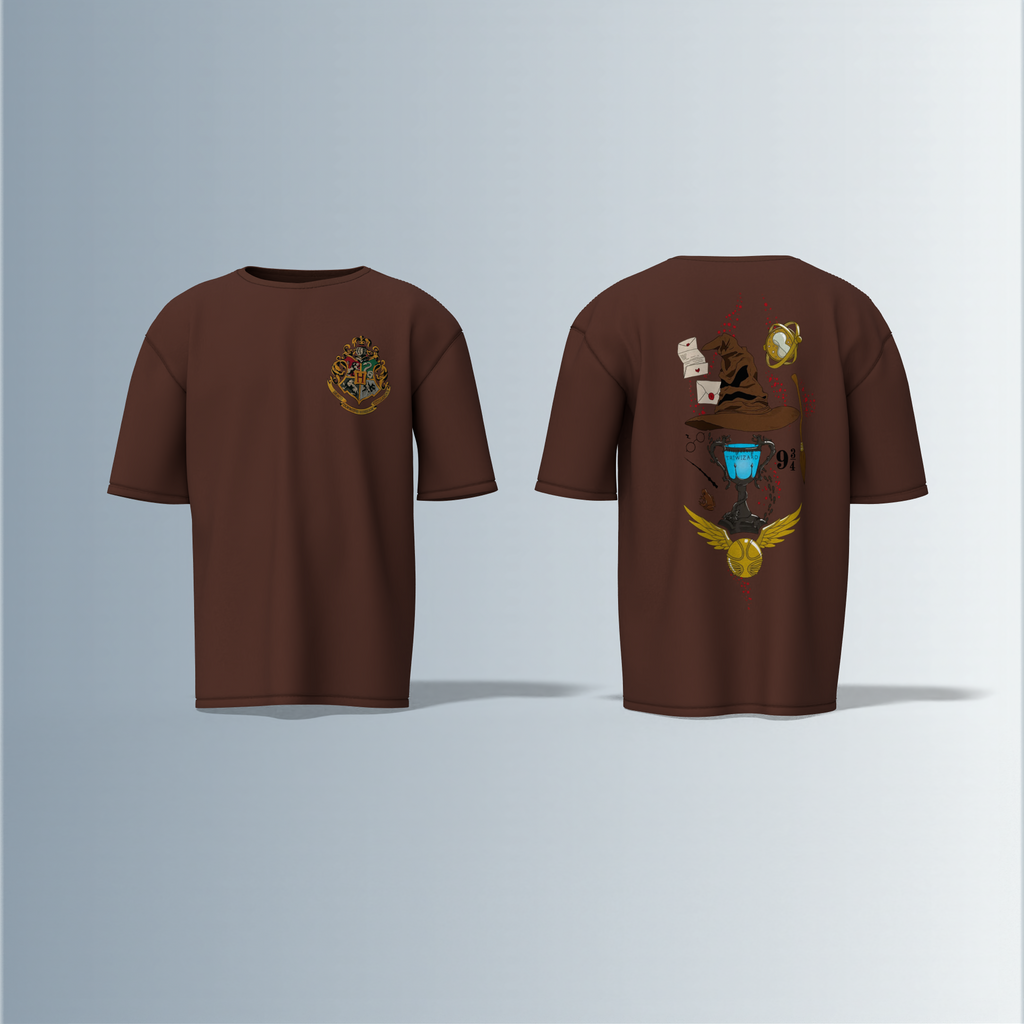 "Oversized Wizarding Streetwear T-Shirt – Minimal Front Crest Featuring Magical School Emblem Inspired by Fantasy Lore"