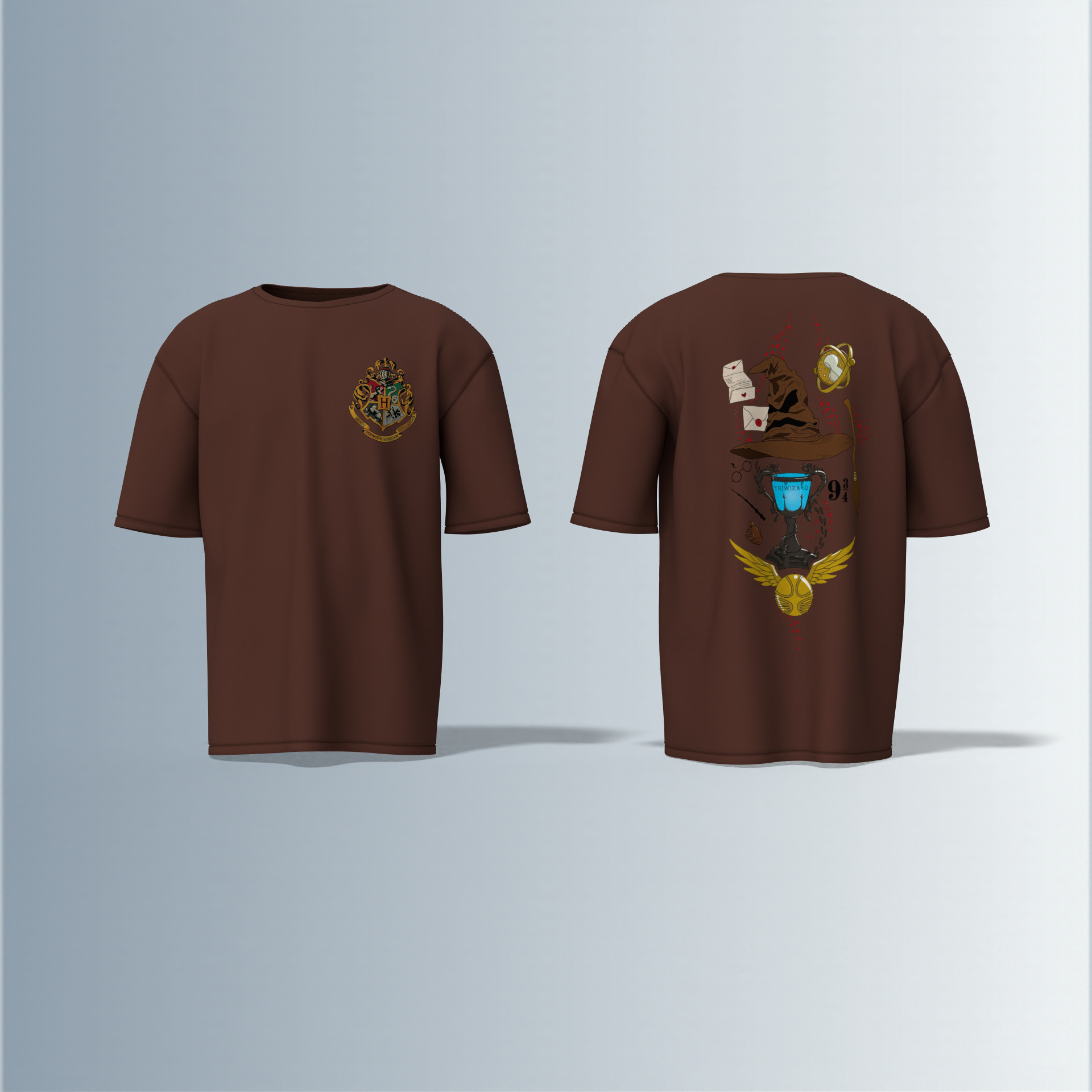 "Oversized Wizarding Streetwear T-Shirt – Minimal Front Crest Featuring Magical School Emblem Inspired by Fantasy Lore"