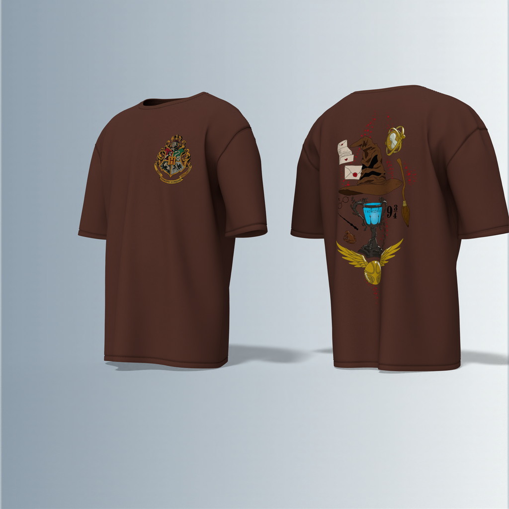 "Oversized Wizarding Streetwear T-Shirt – Minimal Front Crest Featuring Magical School Emblem Inspired by Fantasy Lore"