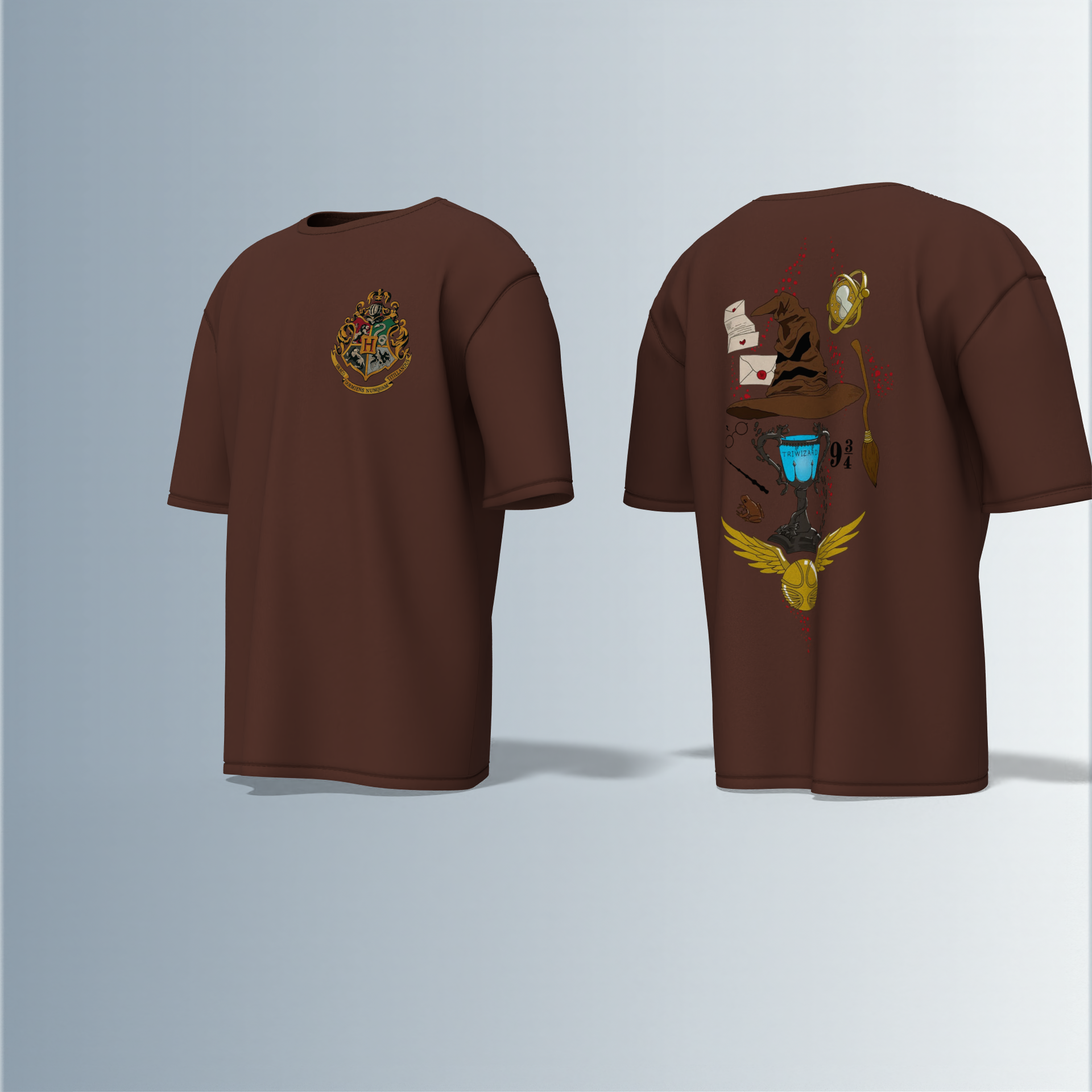 "Oversized Wizarding Streetwear T-Shirt – Minimal Front Crest Featuring Magical School Emblem Inspired by Fantasy Lore"