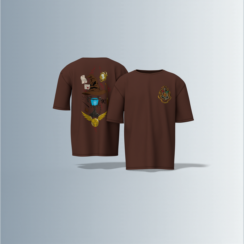 "Oversized Wizarding Streetwear T-Shirt – Minimal Front Crest Featuring Magical School Emblem Inspired by Fantasy Lore"