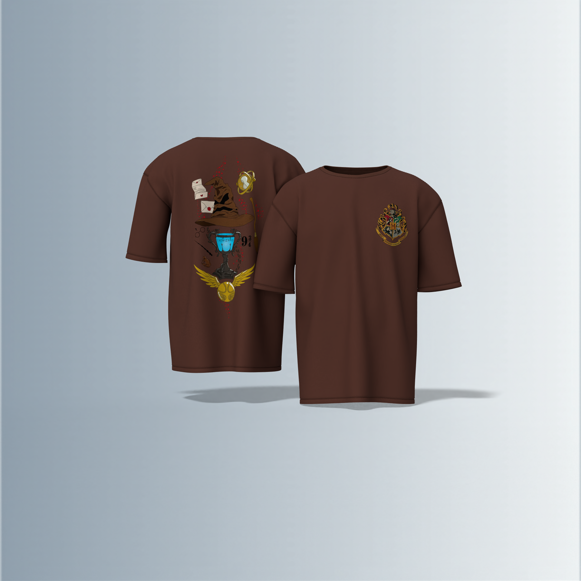 "Oversized Wizarding Streetwear T-Shirt – Minimal Front Crest Featuring Magical School Emblem Inspired by Fantasy Lore"