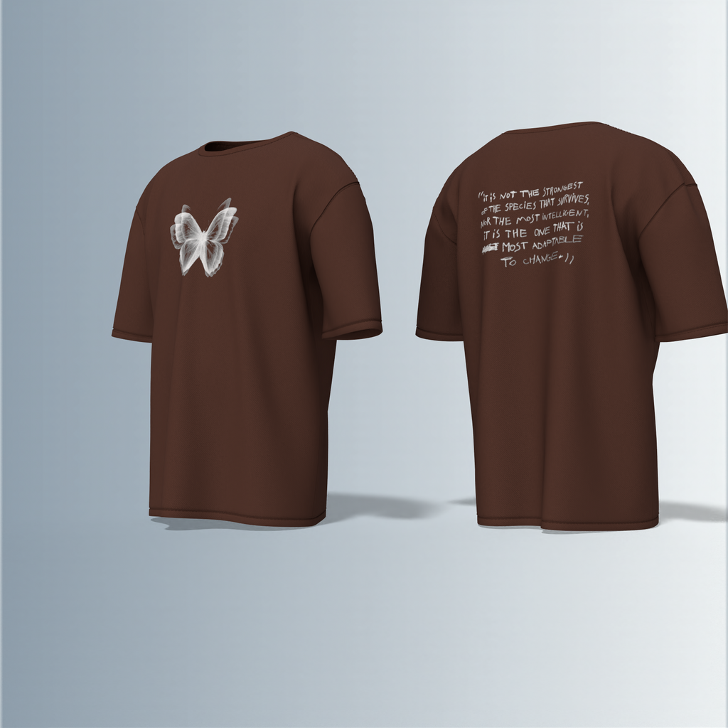 "Oversized Minimal Streetwear T-Shirt – Monochrome Butterfly Front Graphic with Motivational Quote Back Print"