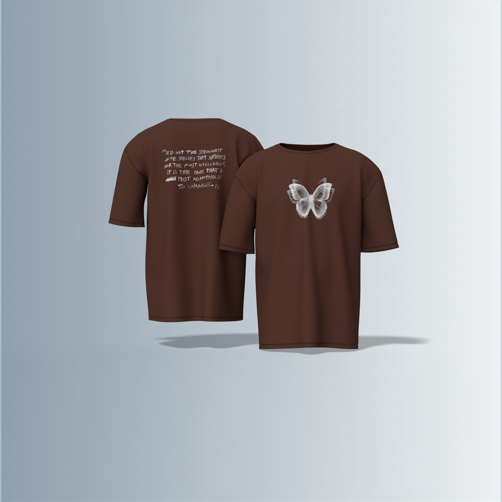 "Oversized Minimal Streetwear T-Shirt – Monochrome Butterfly Front Graphic with Motivational Quote Back Print"