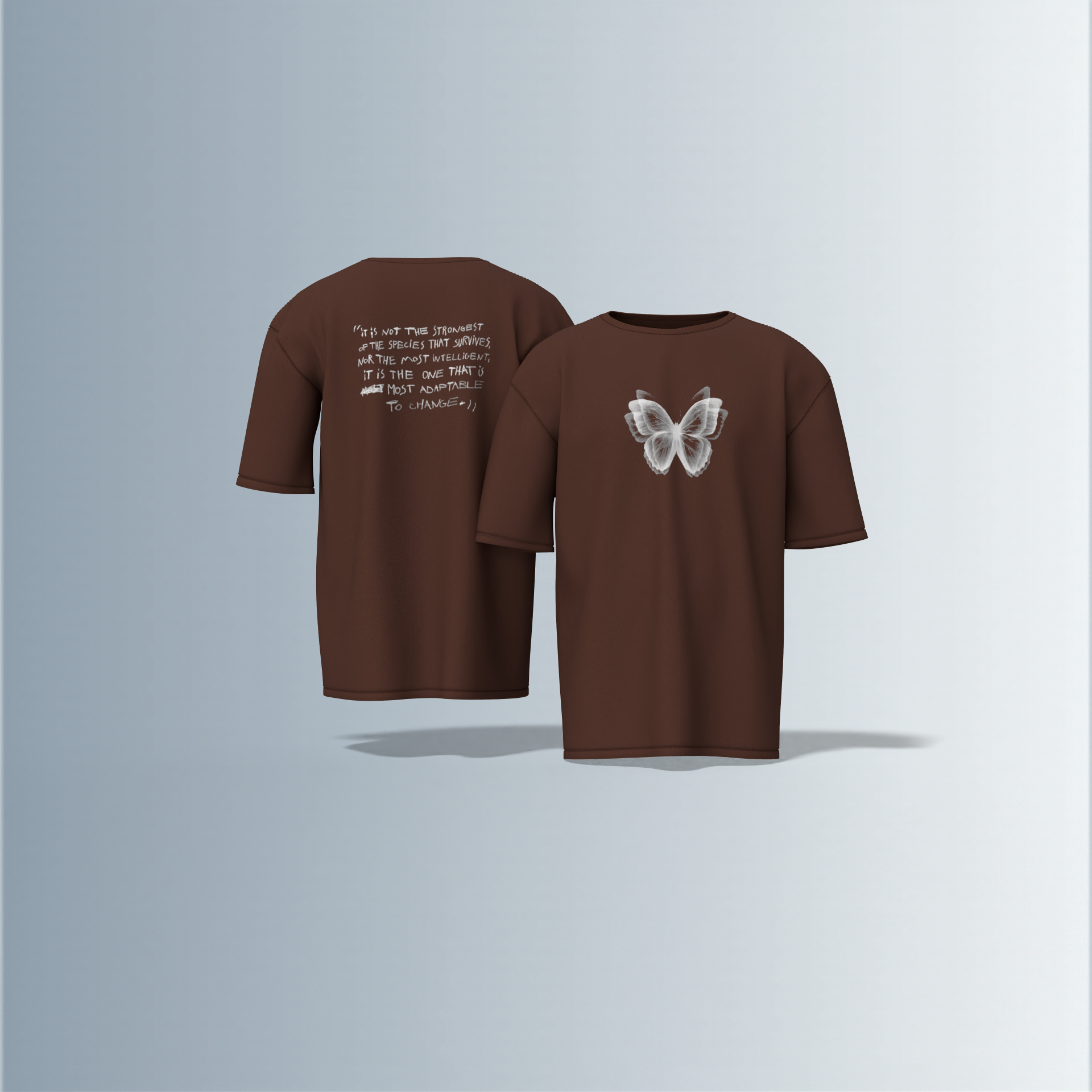 "Oversized Minimal Streetwear T-Shirt – Monochrome Butterfly Front Graphic with Motivational Quote Back Print"