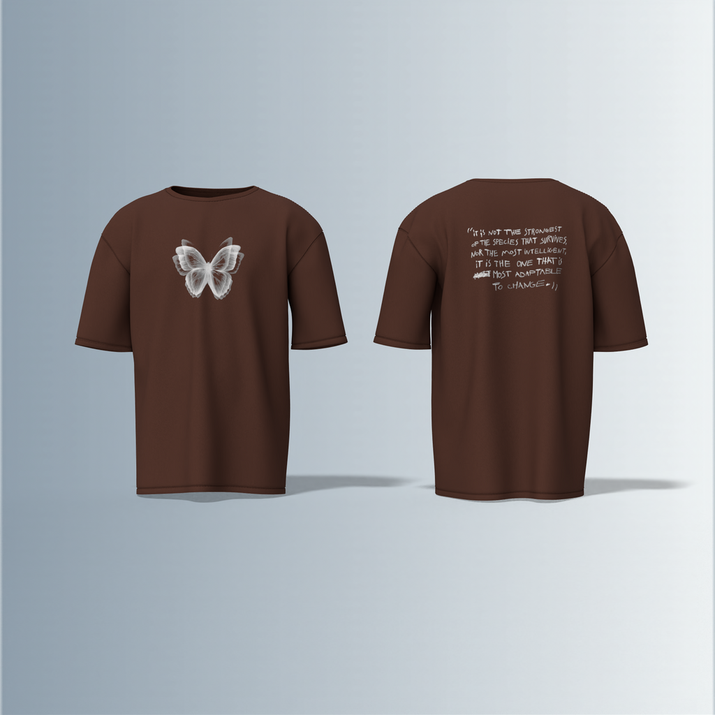 "Oversized Minimal Streetwear T-Shirt – Monochrome Butterfly Front Graphic with Motivational Quote Back Print"