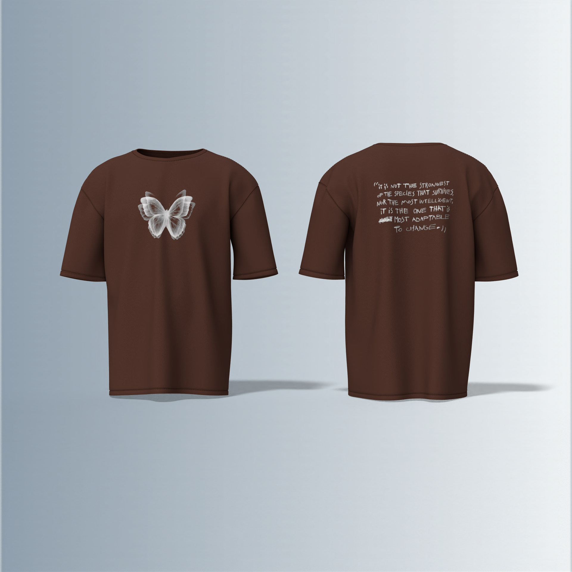 "Oversized Minimal Streetwear T-Shirt – Monochrome Butterfly Front Graphic with Motivational Quote Back Print"