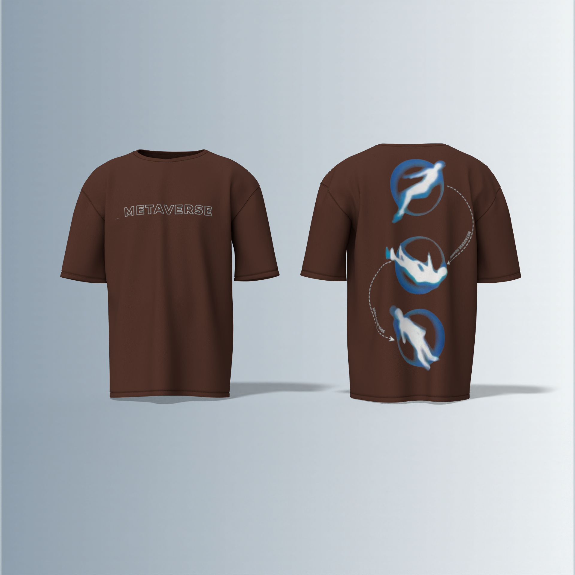 "Oversized Futuristic Streetwear T-Shirt – ‘Metaverse’ Typography with Digital Floating Human Figures & Virtual Reality Inspired Artwork"