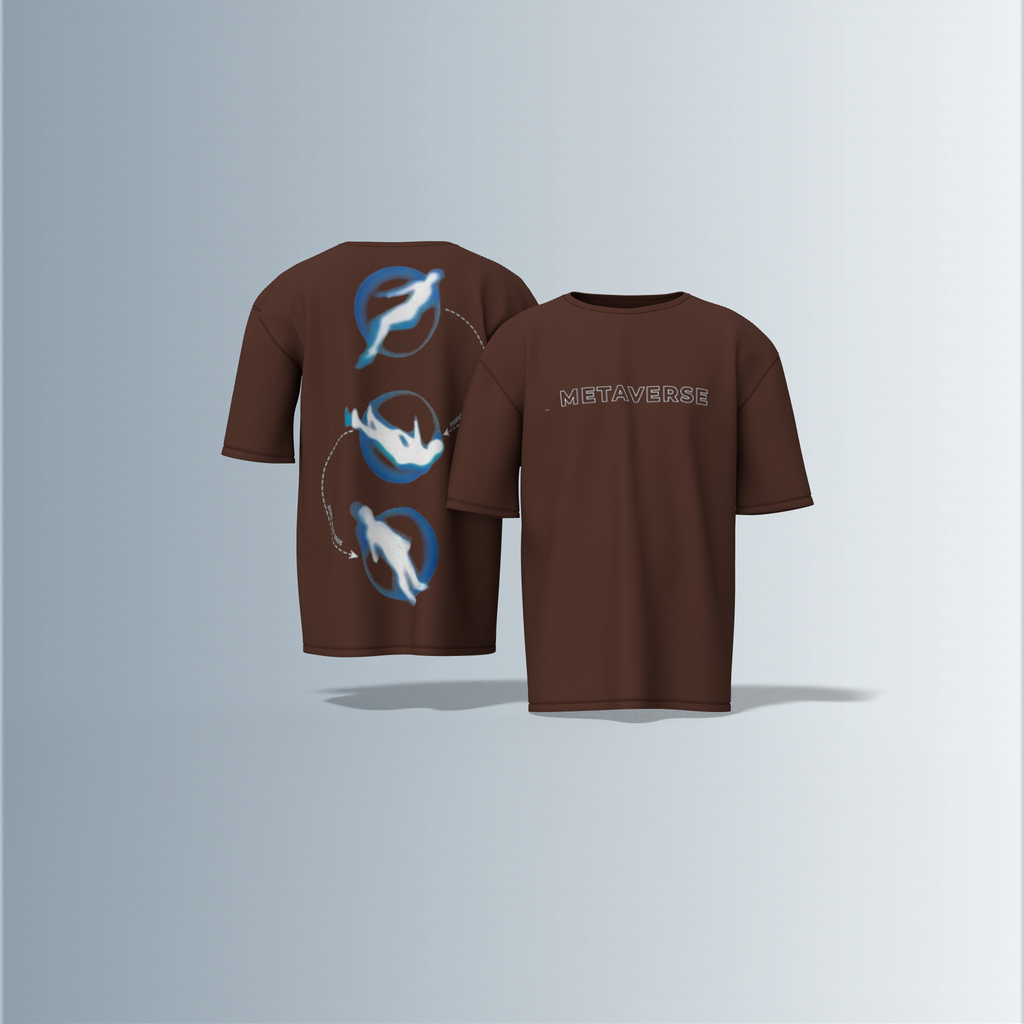 "Oversized Futuristic Streetwear T-Shirt – ‘Metaverse’ Typography with Digital Floating Human Figures & Virtual Reality Inspired Artwork"