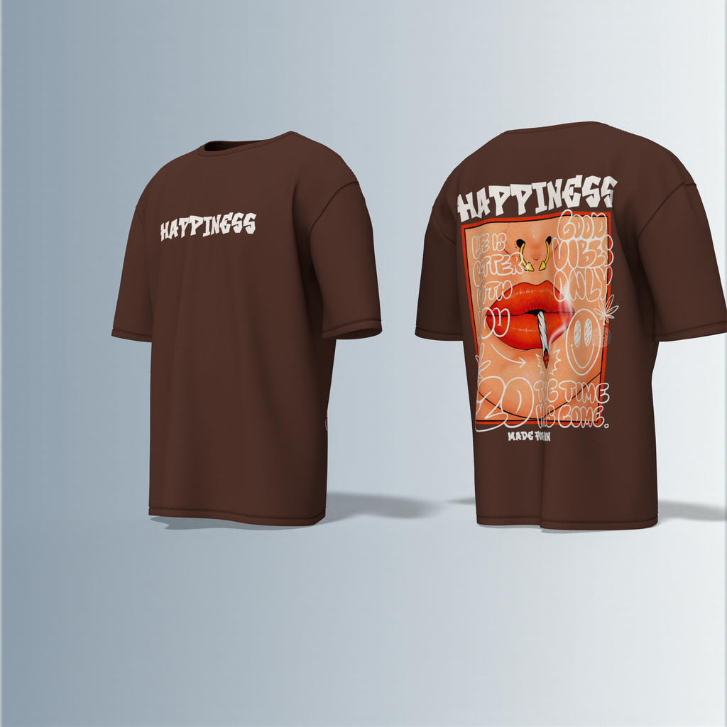 "Oversized Streetwear Graphic T-Shirt – Bold ‘Happiness’ Typography with Vibrant Lip Art & Playful Doodle Elements"