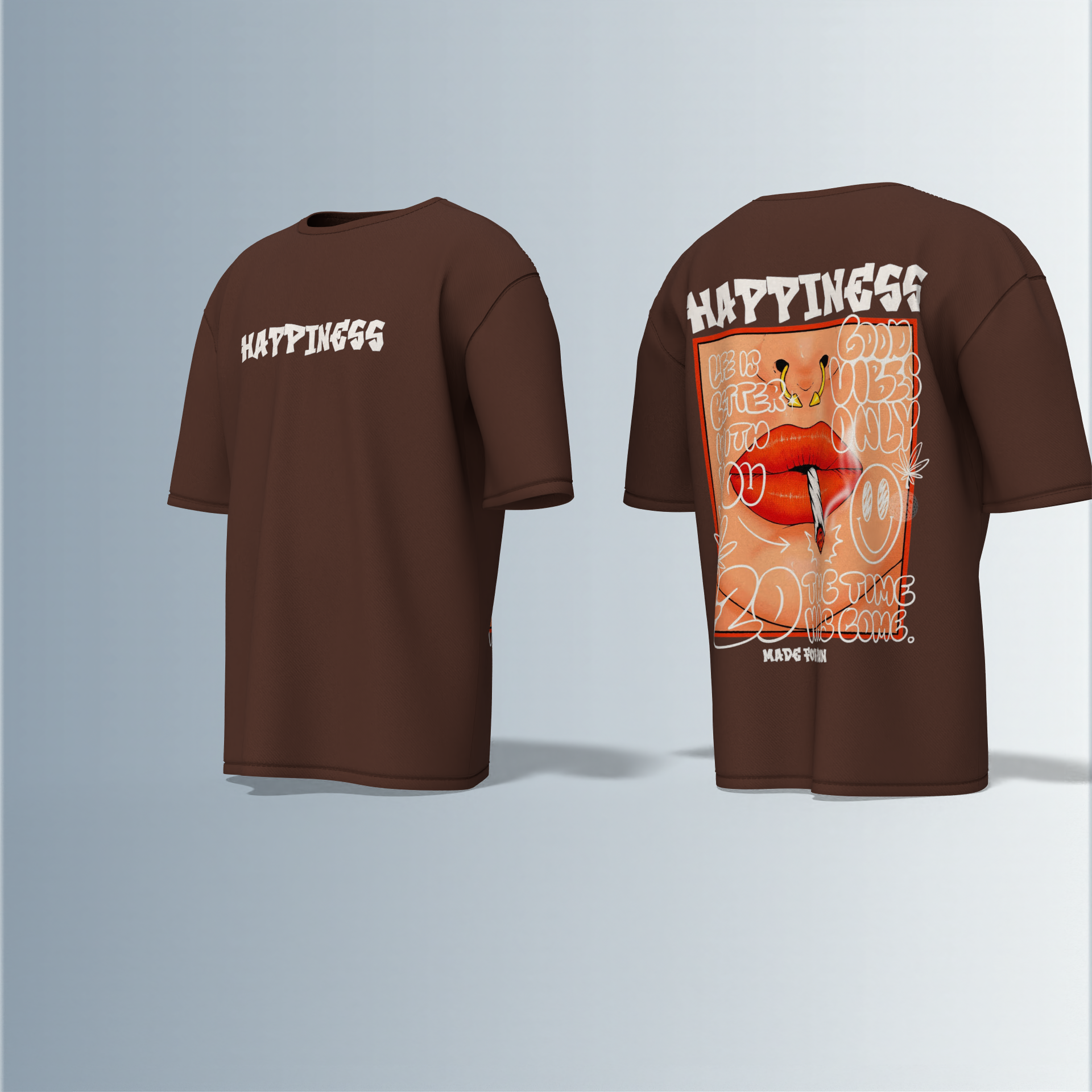 "Oversized Streetwear Graphic T-Shirt – Bold ‘Happiness’ Typography with Vibrant Lip Art & Playful Doodle Elements"