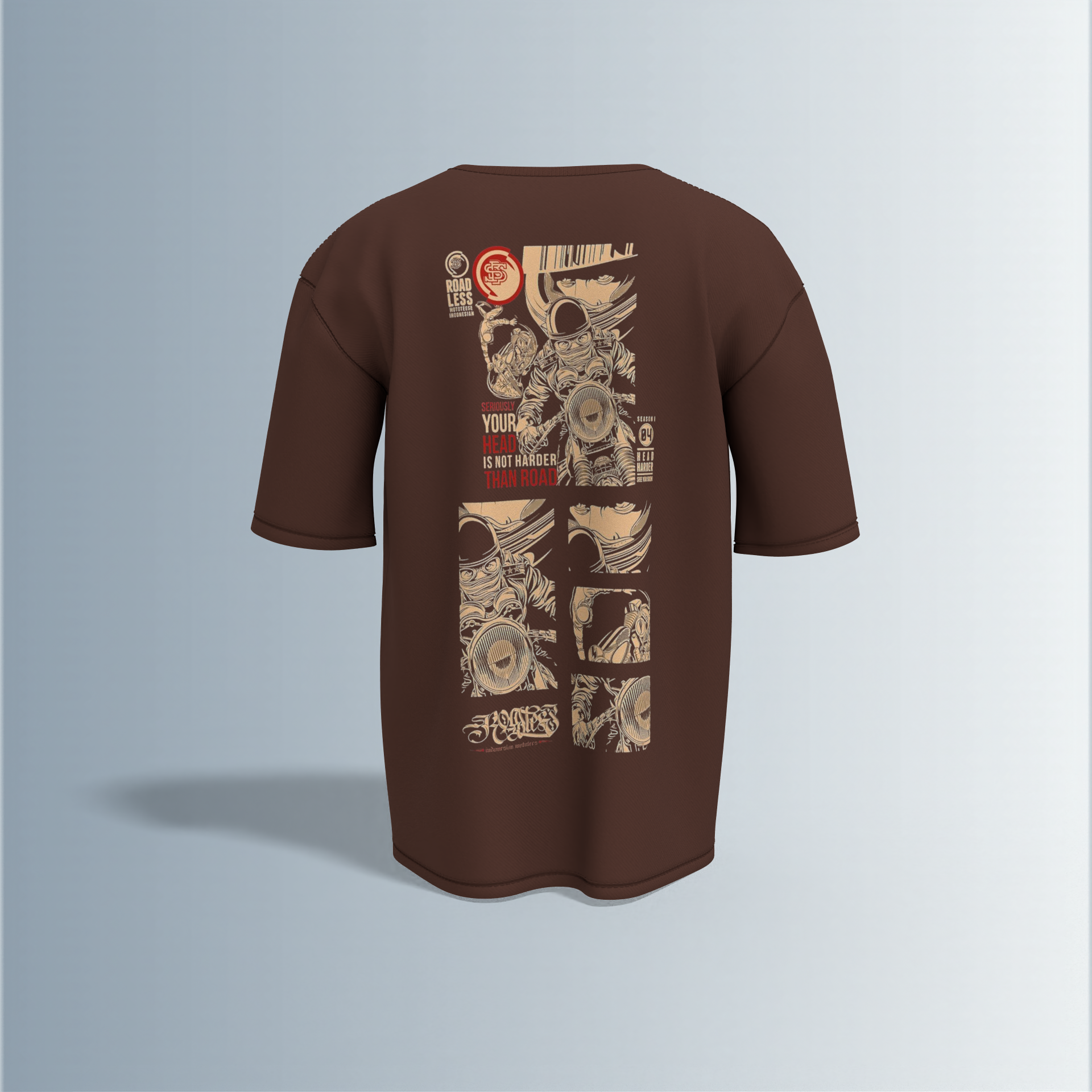 "Oversized Graphic Street Tee – Comic Panel Astronaut Art with Bold Quote ‘Your Head Is Not Harder Than Road’ in Grunge Beige & Red"