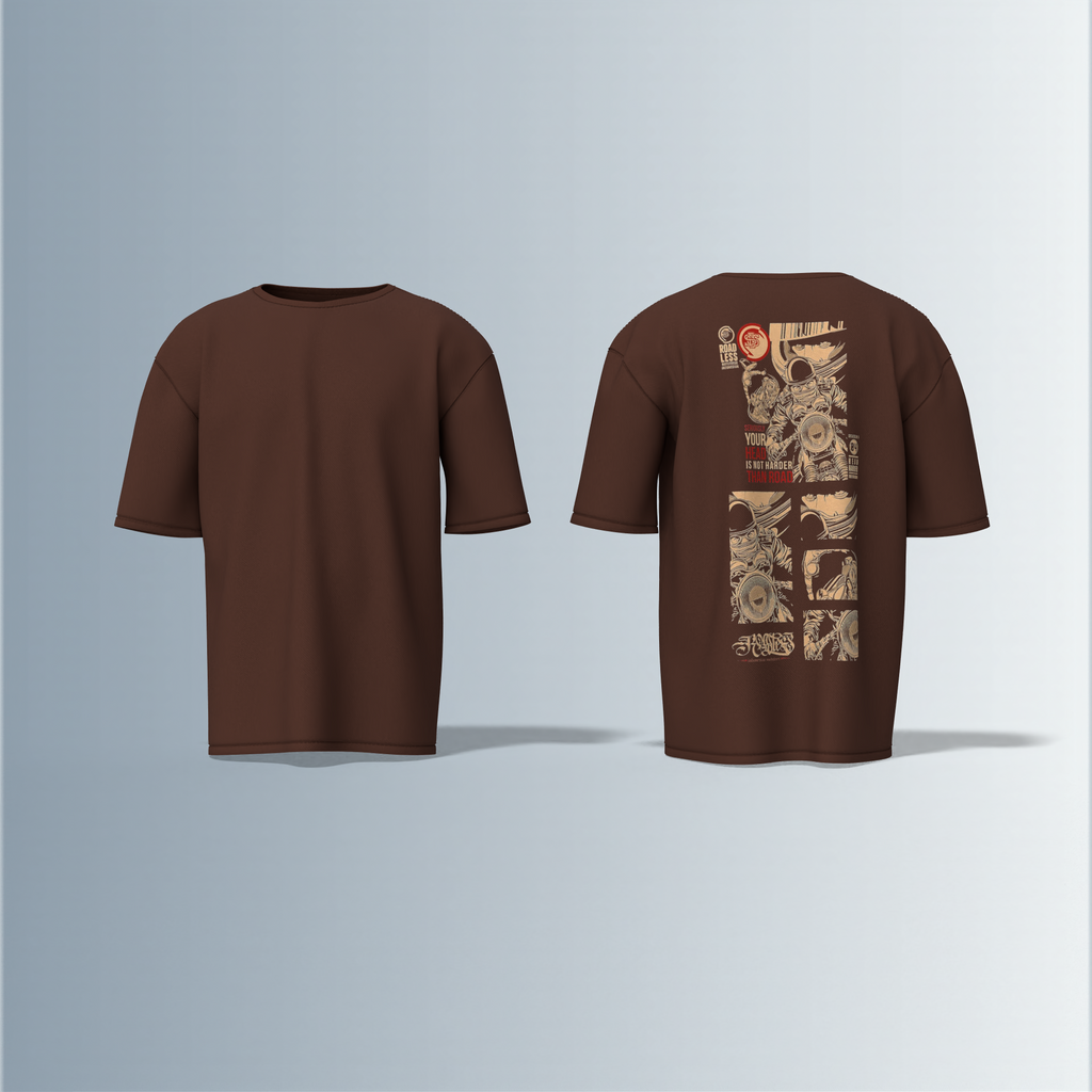 "Oversized Graphic Street Tee – Comic Panel Astronaut Art with Bold Quote ‘Your Head Is Not Harder Than Road’ in Grunge Beige & Red"