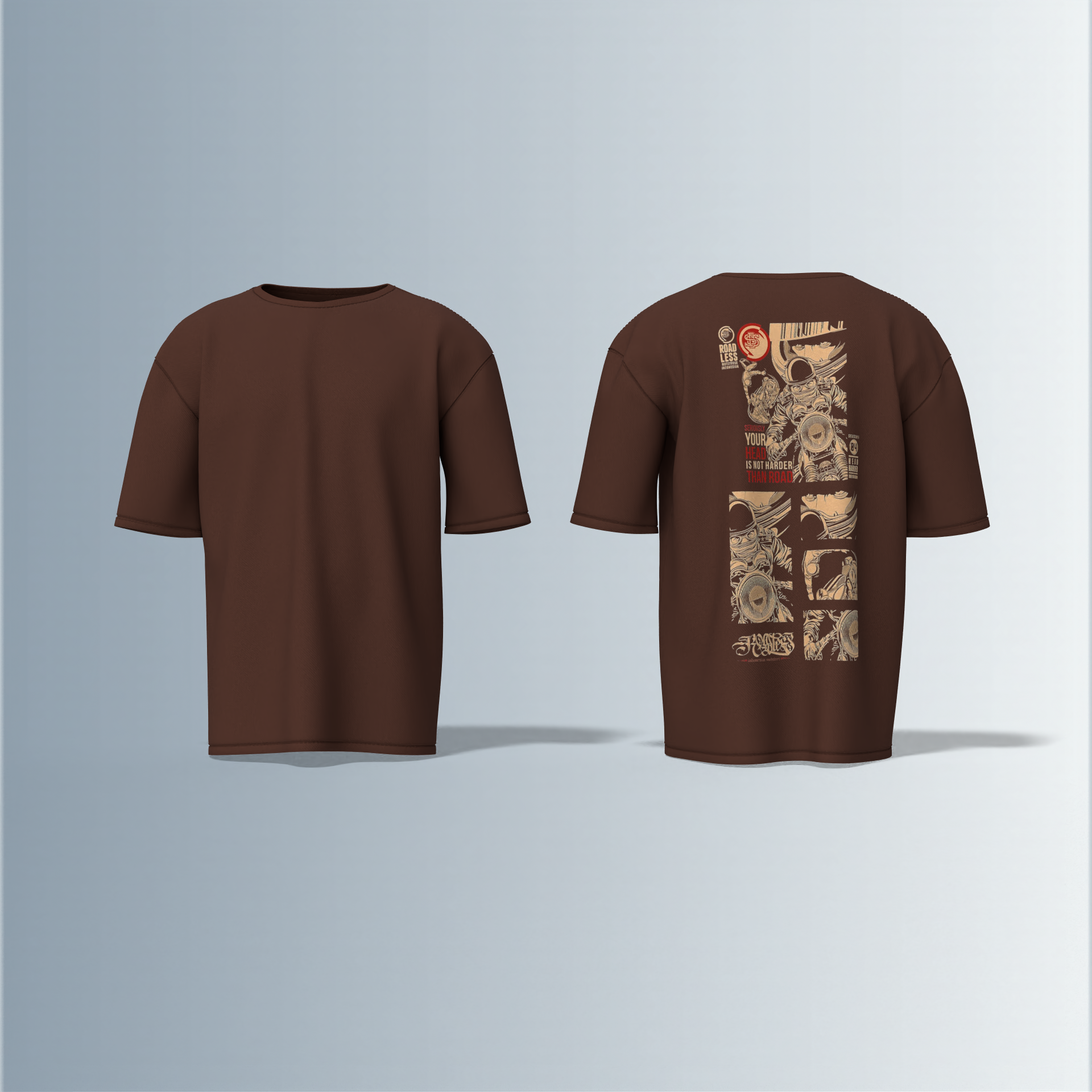 "Oversized Graphic Street Tee – Comic Panel Astronaut Art with Bold Quote ‘Your Head Is Not Harder Than Road’ in Grunge Beige & Red"