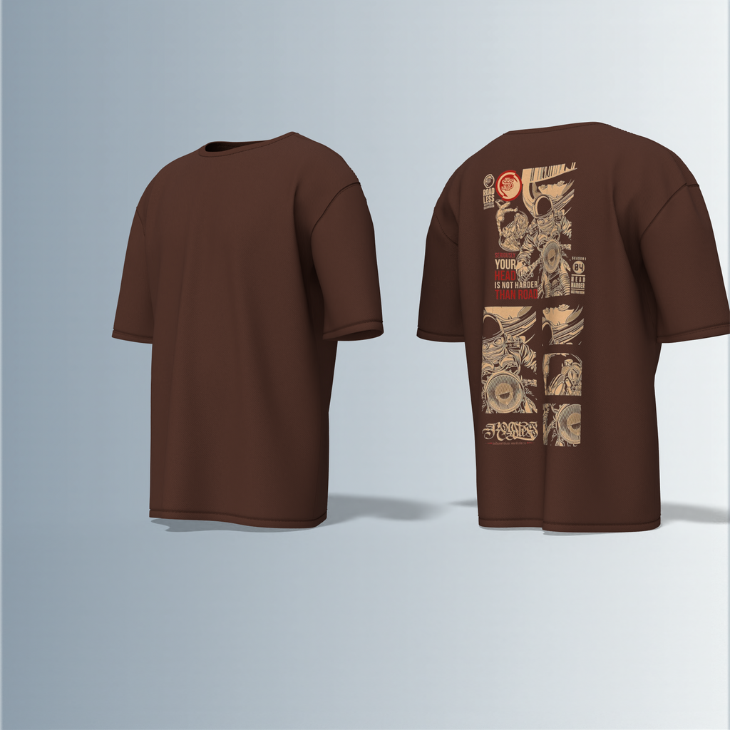 "Oversized Graphic Street Tee – Comic Panel Astronaut Art with Bold Quote ‘Your Head Is Not Harder Than Road’ in Grunge Beige & Red"