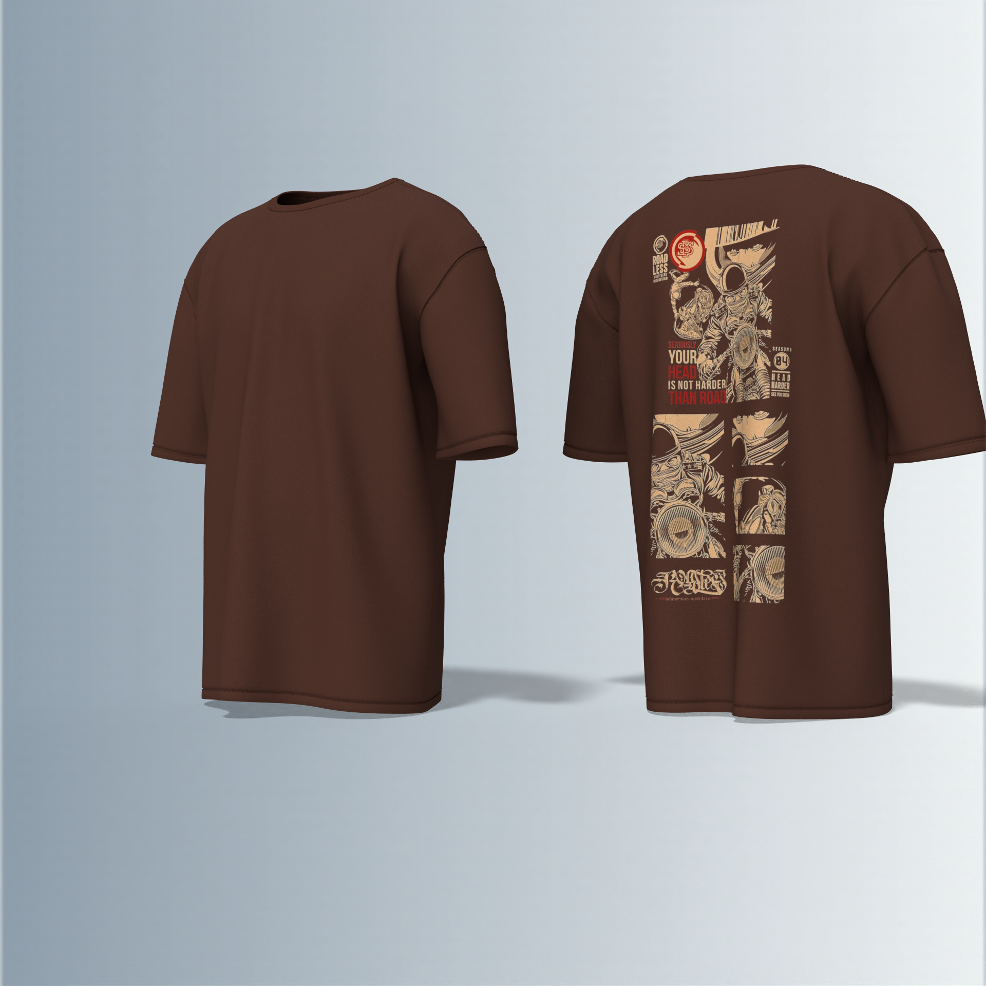 "Oversized Graphic Street Tee – Comic Panel Astronaut Art with Bold Quote ‘Your Head Is Not Harder Than Road’ in Grunge Beige & Red"