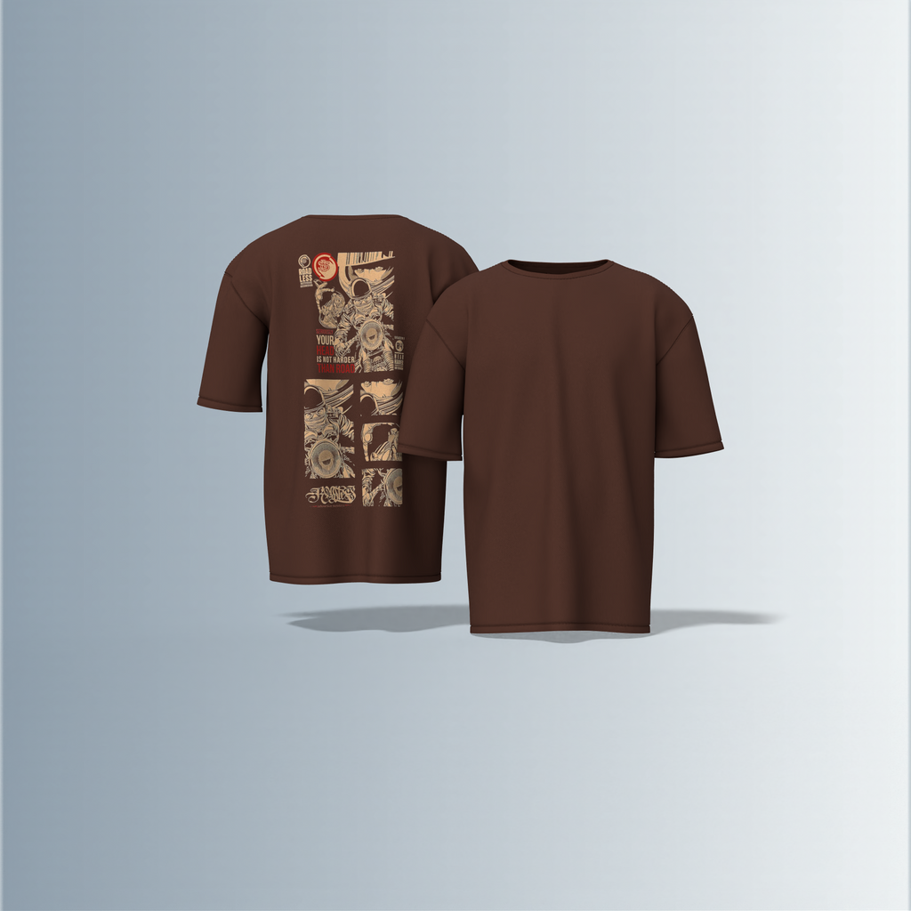 "Oversized Graphic Street Tee – Comic Panel Astronaut Art with Bold Quote ‘Your Head Is Not Harder Than Road’ in Grunge Beige & Red"