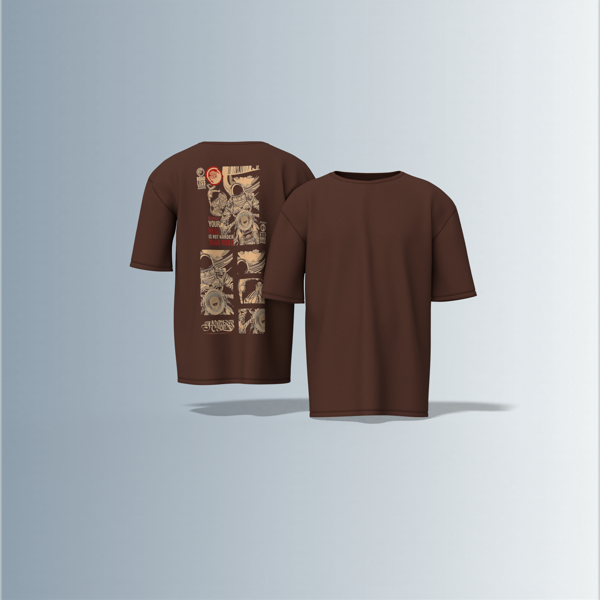 "Oversized Graphic Street Tee – Comic Panel Astronaut Art with Bold Quote ‘Your Head Is Not Harder Than Road’ in Grunge Beige & Red"