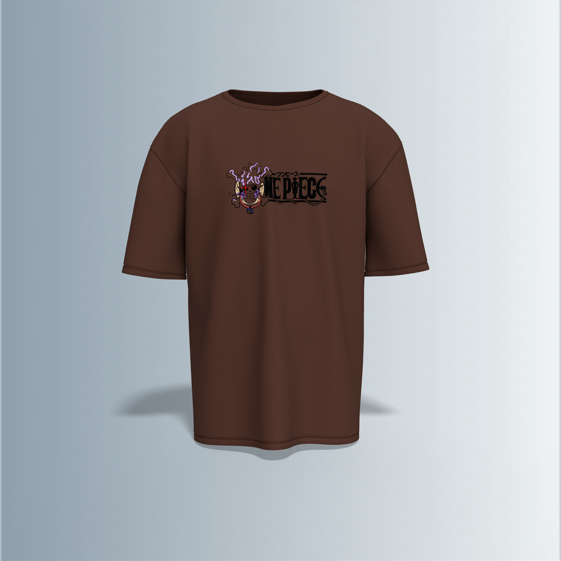 "Oversized Anime Graphic T-Shirt – ‘One Piece’ Throne Scene with Bold Japanese Typography & Iconic Luffy Chest Print"