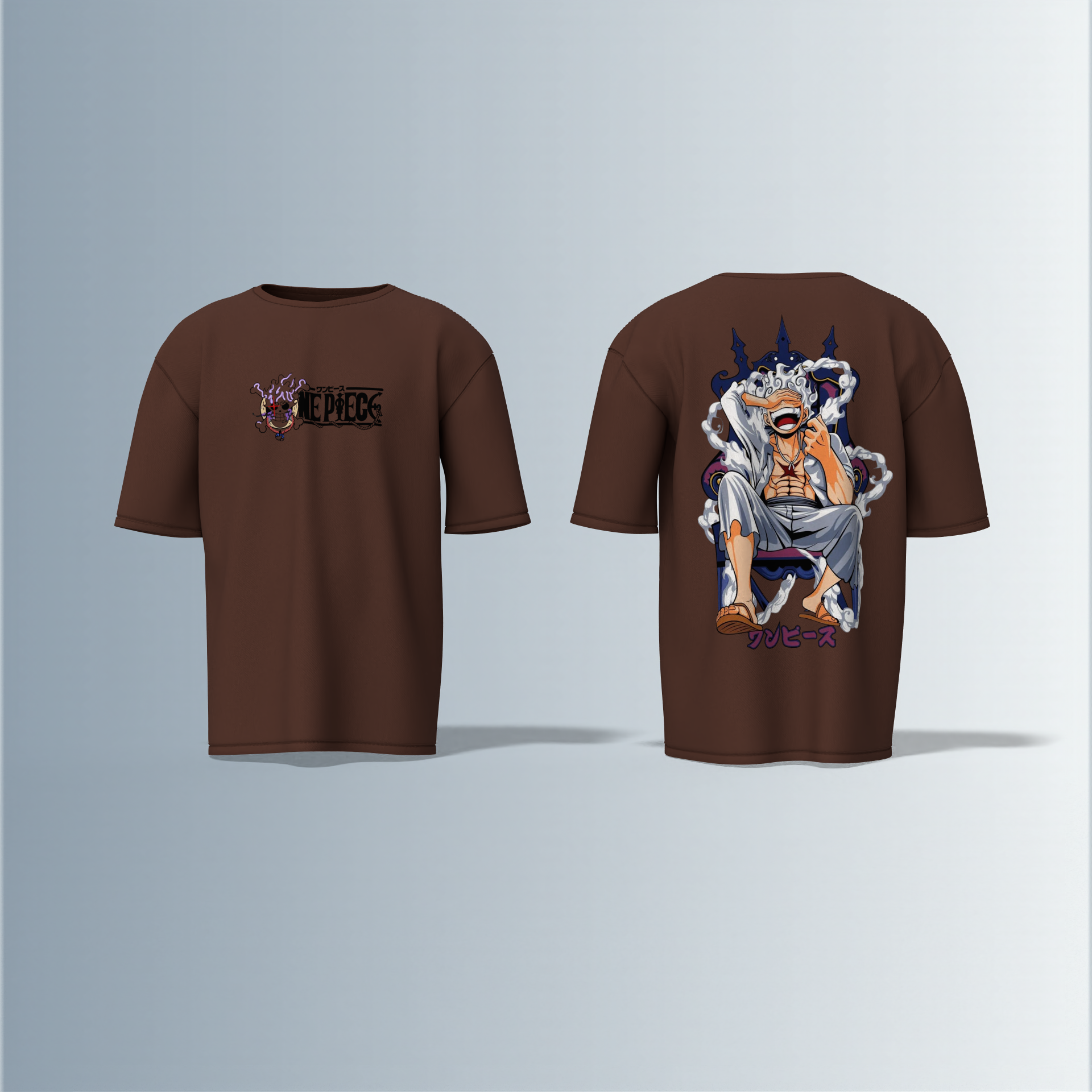 "Oversized Anime Graphic T-Shirt – ‘One Piece’ Throne Scene with Bold Japanese Typography & Iconic Luffy Chest Print"