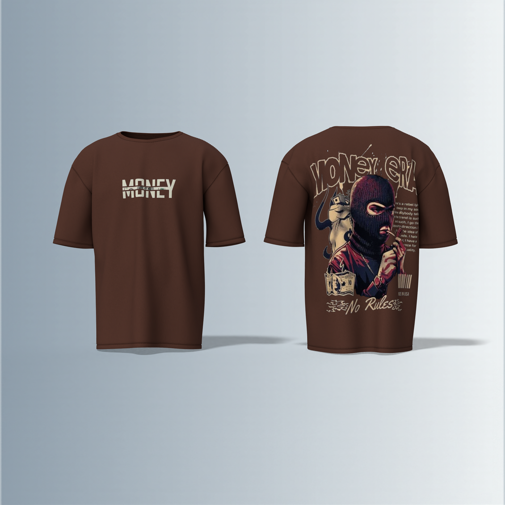 "Oversized Graphic Streetwear T-Shirt – Money Heist Inspired Masked Character Artwork with ‘No Rules’ Slogan & Bold Typography"