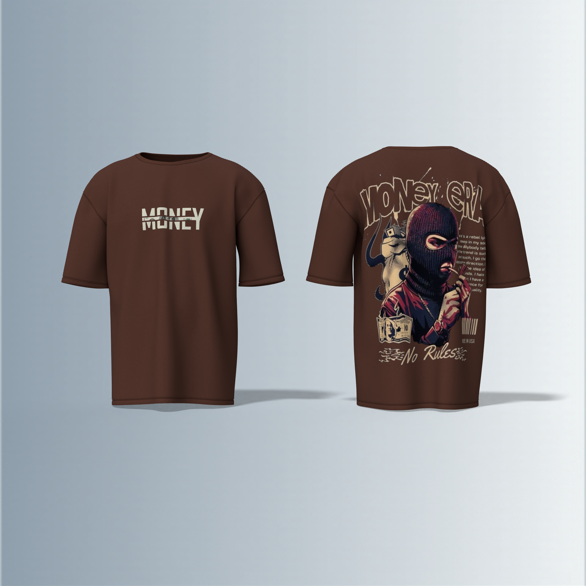 "Oversized Graphic Streetwear T-Shirt – Money Heist Inspired Masked Character Artwork with ‘No Rules’ Slogan & Bold Typography"