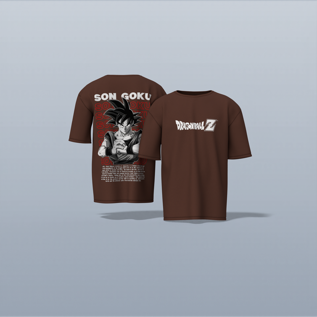 "Epic Son Goku Dragon Ball Z Oversized Graphic Tee – Iconic Anime Artwork with Bold Typography and Character Backstory"