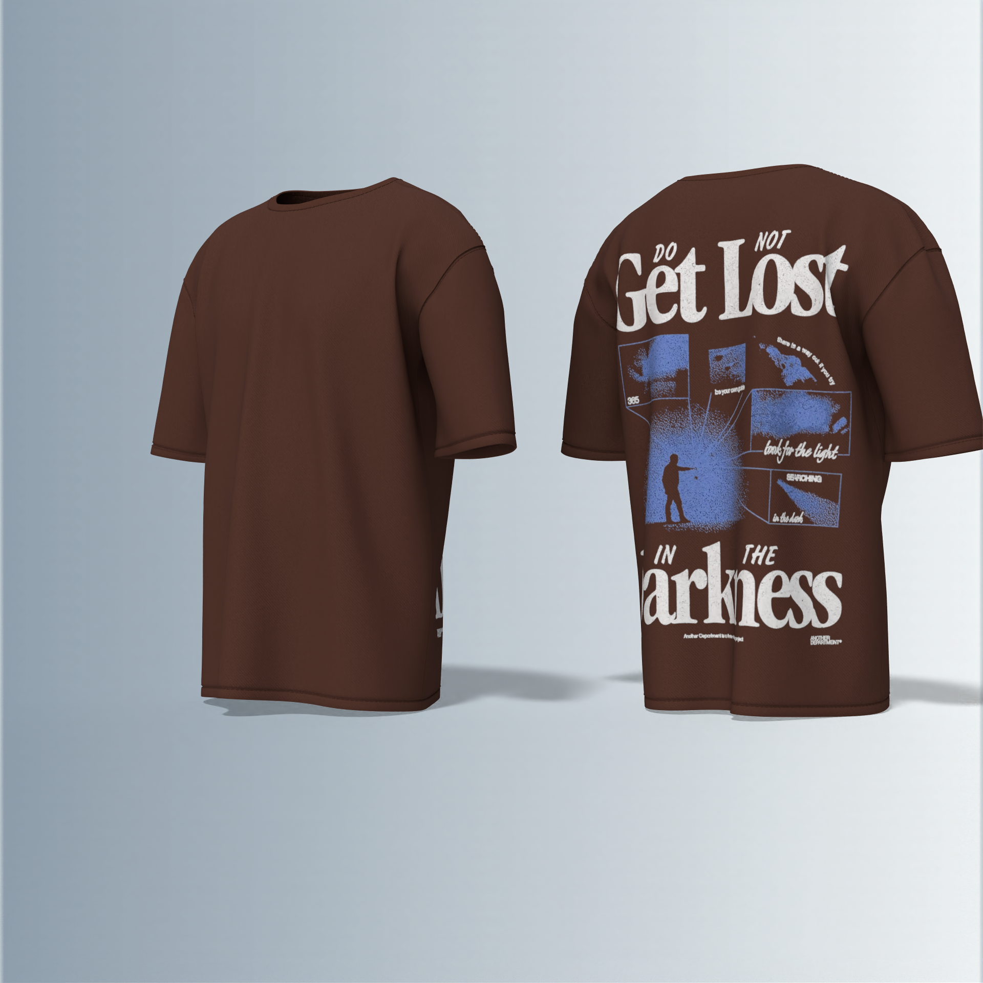 Oversized Graphic T-Shirt Featuring Bold “Do Not Get Lost in the Darkness” Motivational Typography with Silhouette Figure and Distressed Photo Collage Back Print