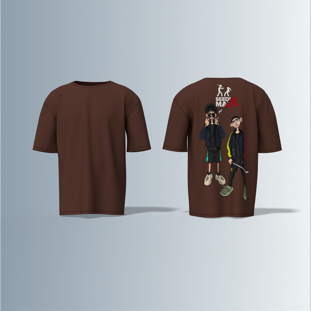 "Urban Streetwear Graphic T-Shirt Featuring Two Stylized Cartoon Characters with 'SEEDHE MAUT' Text and Bold Contemporary Illustration – Back-Only Print, Youth Culture-Inspired Design"
