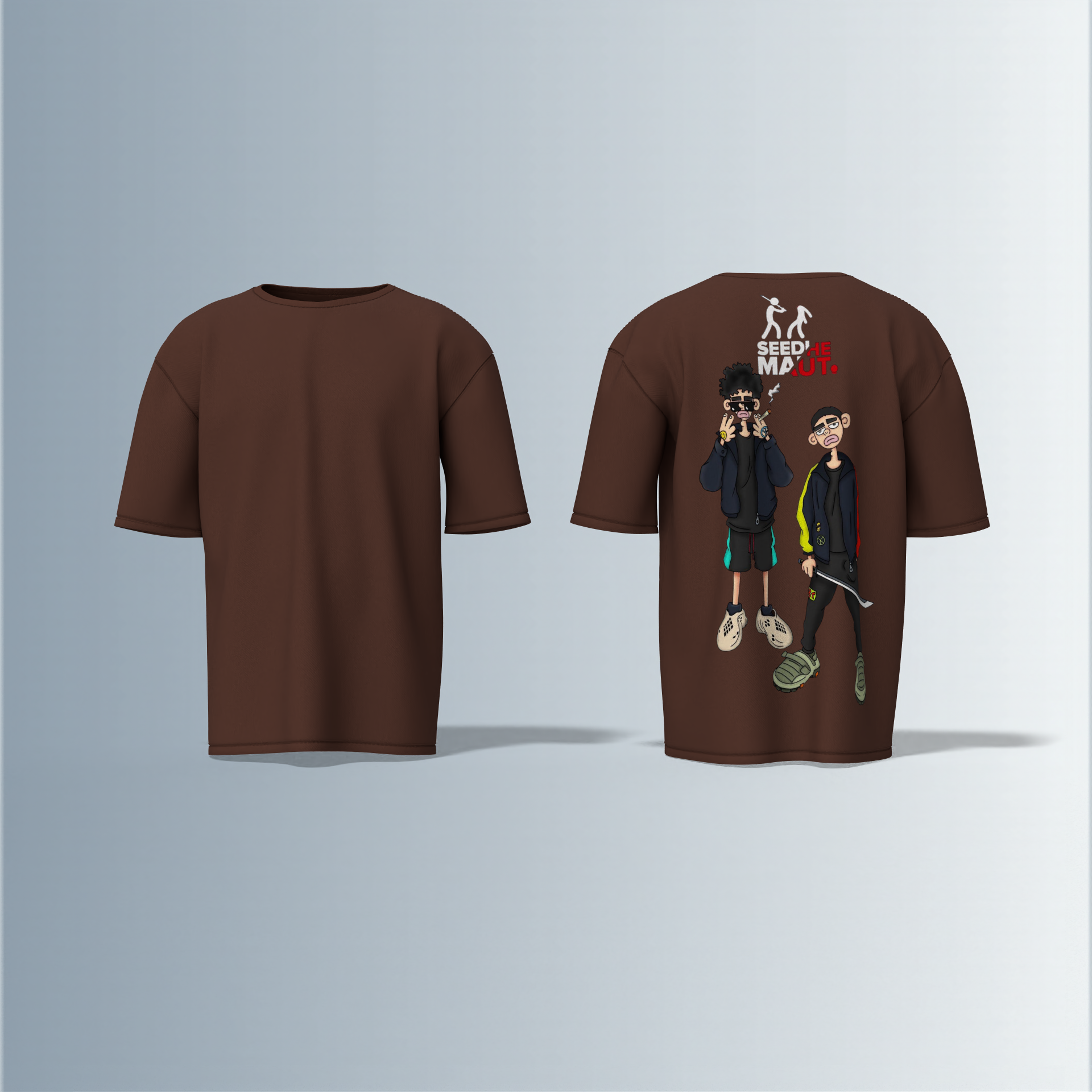 "Urban Streetwear Graphic T-Shirt Featuring Two Stylized Cartoon Characters with 'SEEDHE MAUT' Text and Bold Contemporary Illustration – Back-Only Print, Youth Culture-Inspired Design"