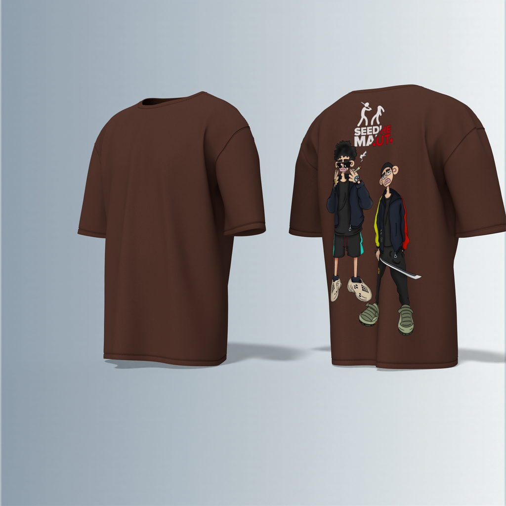 "Urban Streetwear Graphic T-Shirt Featuring Two Stylized Cartoon Characters with 'SEEDHE MAUT' Text and Bold Contemporary Illustration – Back-Only Print, Youth Culture-Inspired Design"