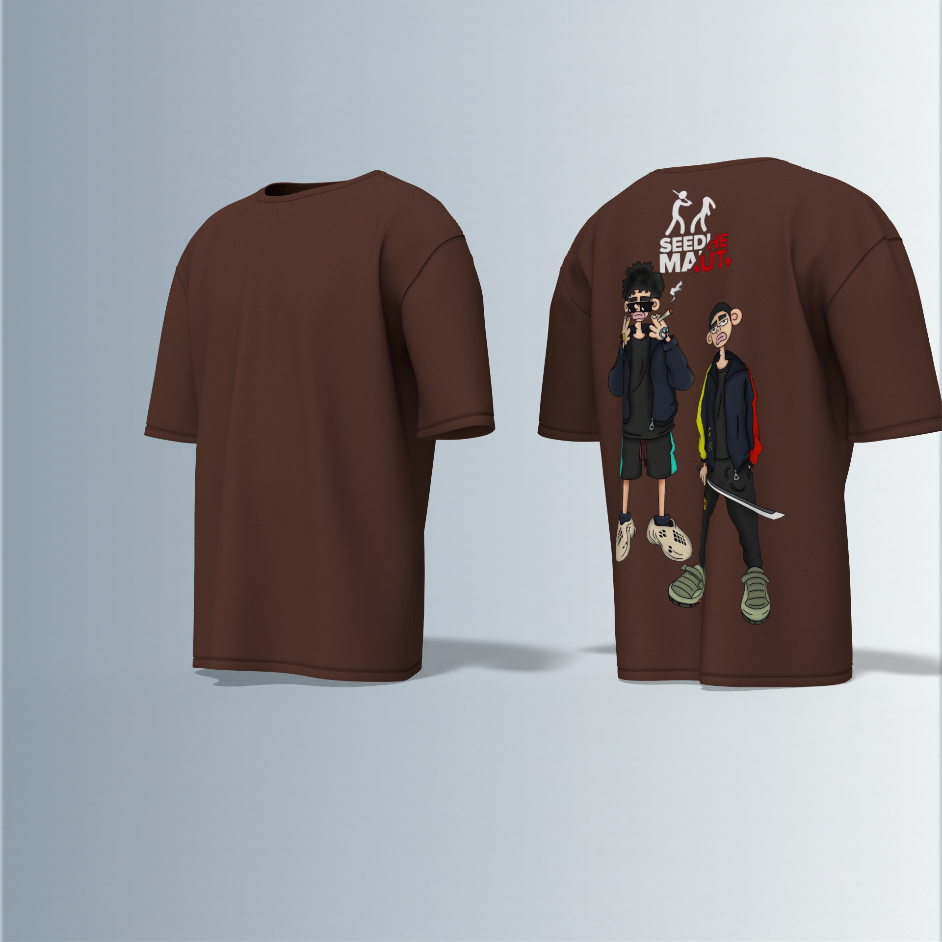 "Urban Streetwear Graphic T-Shirt Featuring Two Stylized Cartoon Characters with 'SEEDHE MAUT' Text and Bold Contemporary Illustration – Back-Only Print, Youth Culture-Inspired Design"