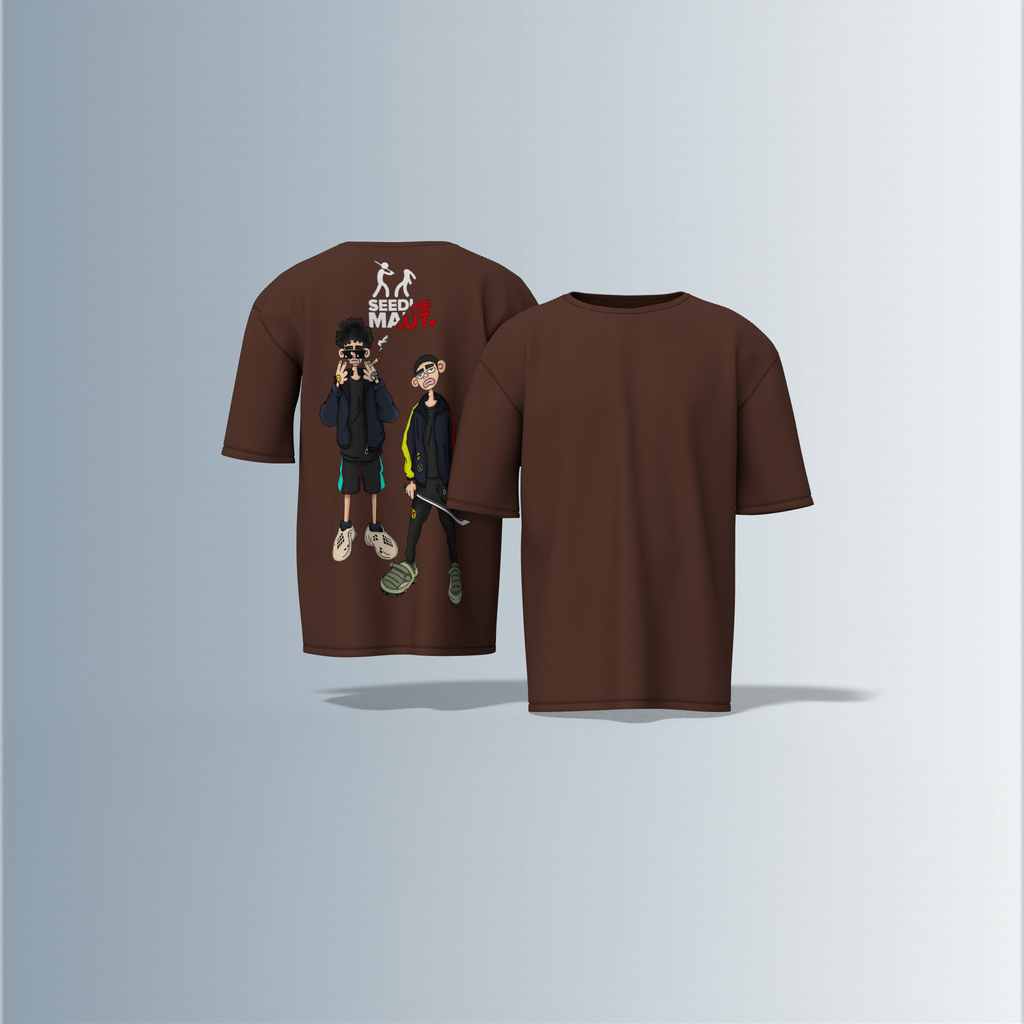 "Urban Streetwear Graphic T-Shirt Featuring Two Stylized Cartoon Characters with 'SEEDHE MAUT' Text and Bold Contemporary Illustration – Back-Only Print, Youth Culture-Inspired Design"