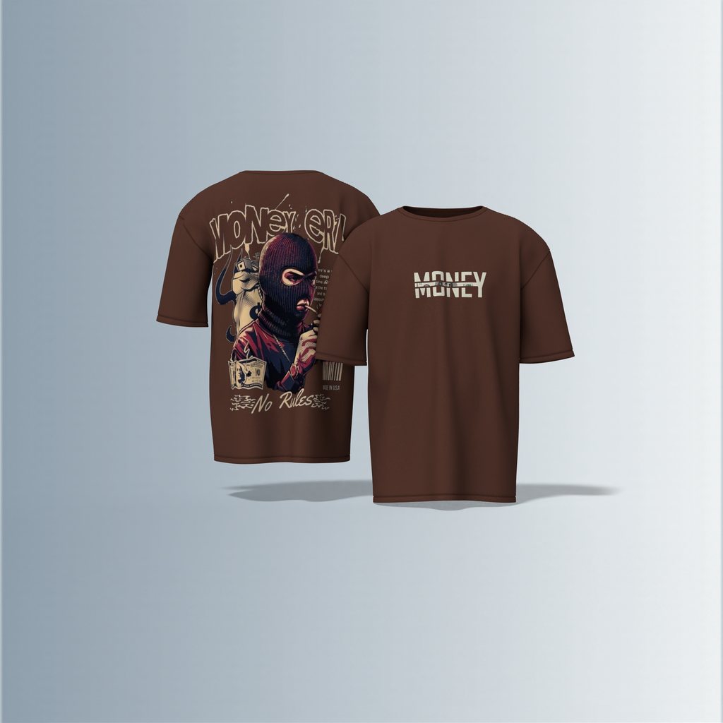 "Oversized Graphic Streetwear T-Shirt – Money Heist Inspired Masked Character Artwork with ‘No Rules’ Slogan & Bold Typography"