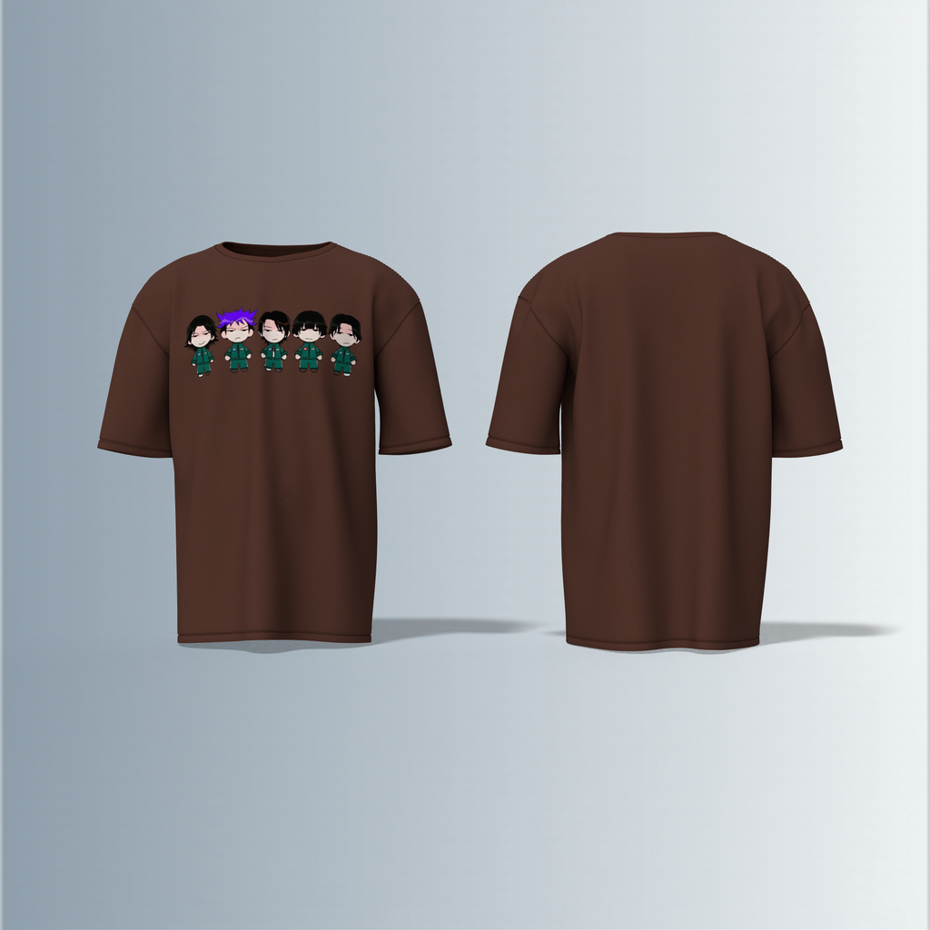 "Chibi Anime Squad in Matching Green Tracksuits – Kawaii Style Character Group Graphic T-Shirt Design (Front-Only Print)"