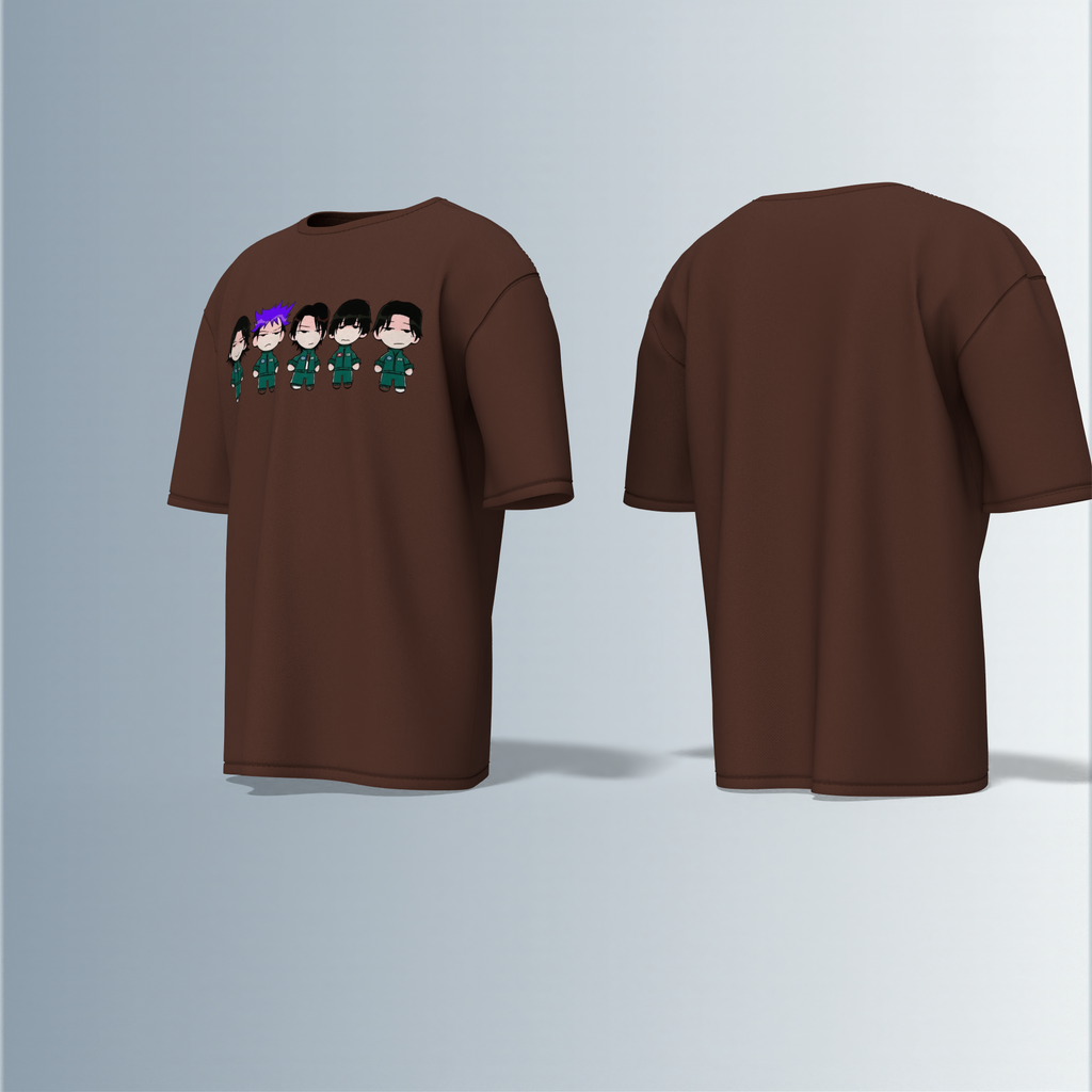 "Chibi Anime Squad in Matching Green Tracksuits – Kawaii Style Character Group Graphic T-Shirt Design (Front-Only Print)"