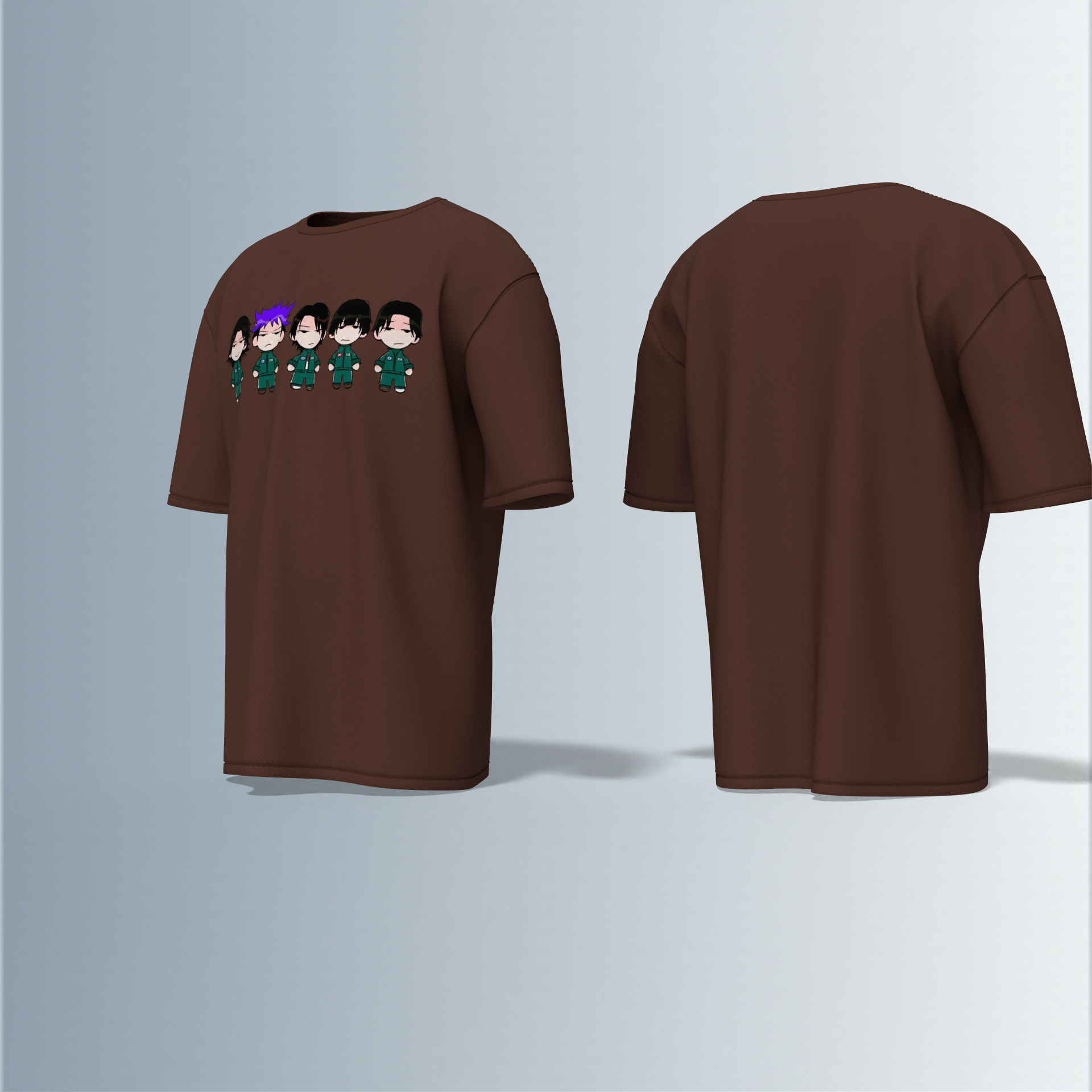 "Chibi Anime Squad in Matching Green Tracksuits – Kawaii Style Character Group Graphic T-Shirt Design (Front-Only Print)"