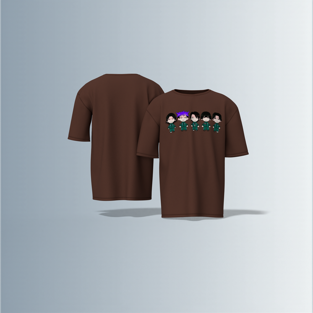 "Chibi Anime Squad in Matching Green Tracksuits – Kawaii Style Character Group Graphic T-Shirt Design (Front-Only Print)"