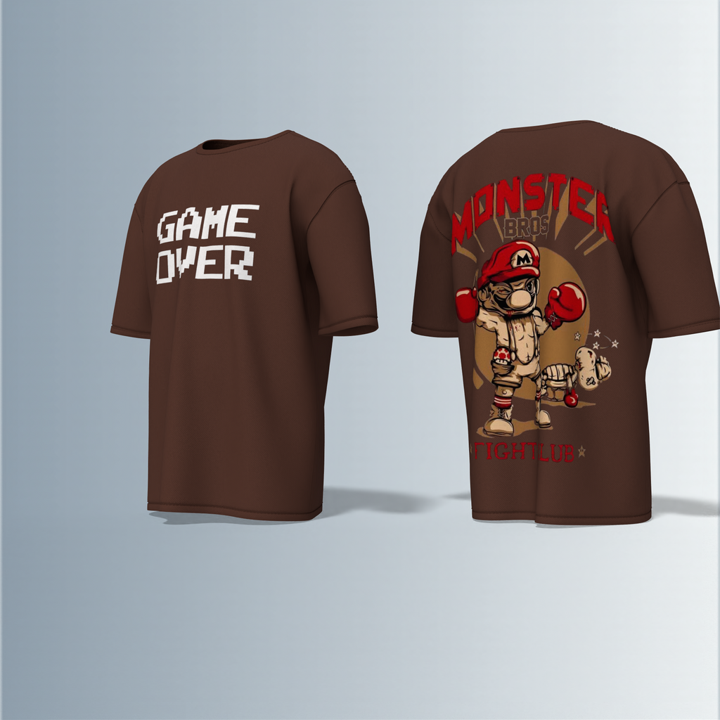 Oversized Round-Neck T-Shirt with Bold "GAME OVER" Front Print and Back Graphic of Monster Bros Fight Club Boxing Theme – Retro Gaming Meets Streetwear
