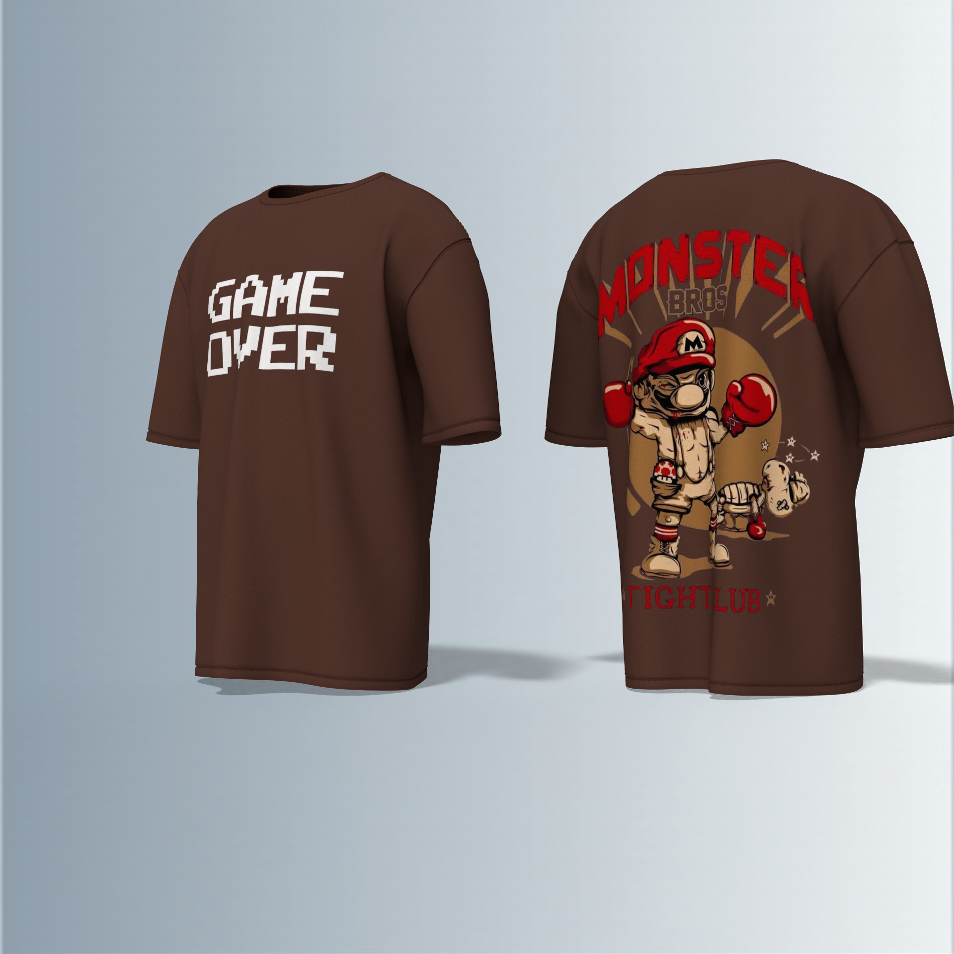 Oversized Round-Neck T-Shirt with Bold "GAME OVER" Front Print and Back Graphic of Monster Bros Fight Club Boxing Theme – Retro Gaming Meets Streetwear