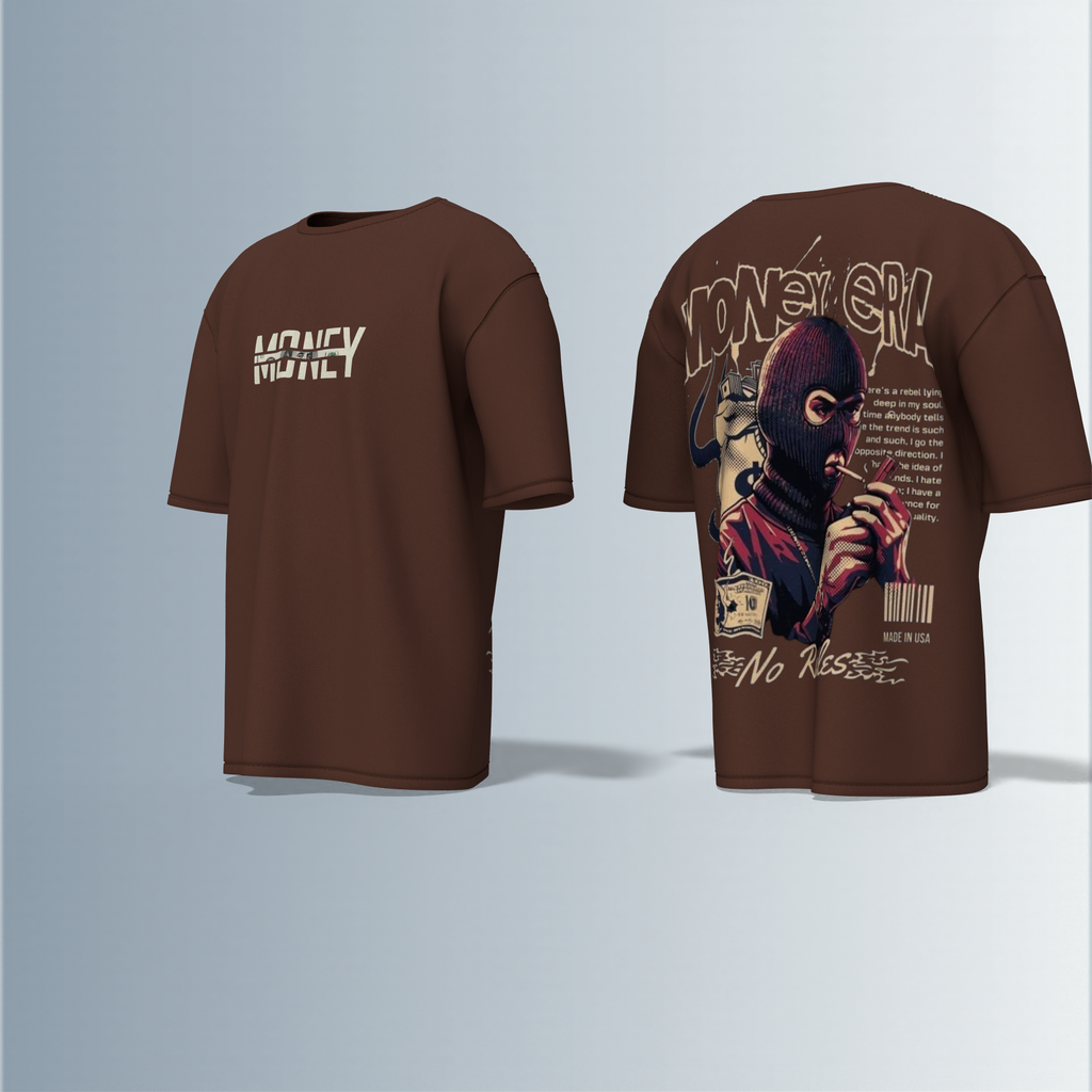 "Oversized Graphic Streetwear T-Shirt – Money Heist Inspired Masked Character Artwork with ‘No Rules’ Slogan & Bold Typography"